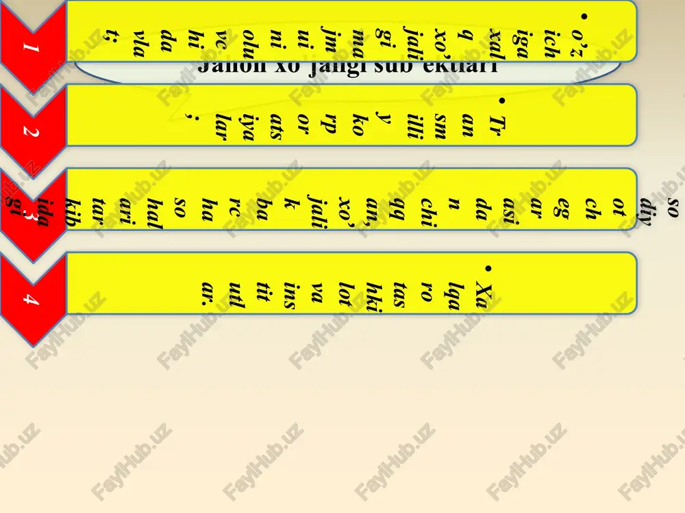 uchinchi yo'nalish xoʼjalikni tashkil etishning butunlay yangi shakllarining paydo boʼlishi va rivojlanishi. masalan internetning rivojlanishi. to'rtinchi yo'nalish xalqaro iqtisodiy tashkilotlarning tartibga soluvchi roli rivojlanadi. globalashuvi jarayonlarining ziddiyatli tomonlari turli mamlakatlardagi iqtisodiy rivojlanishning bir tekisda bormasligi. boy va qashshoq mamlakatlar oʼrtasidagi farqning kuchayishi. ekologik halokat tahdidlarining kuchayib borishi. turli mamlakatlarda aholi sonining oʼzgarishining farqlanishi. xalqaro iqtisodiy munosabatlar bu jahonning turli mamlakatlari oʼrtasidagi xoʼjalik aloqalari majmuidir. uning asosiy ko‘rinishlari 1 tovar va xizmatlarning xalqaro savdosi 2 kapital va chet el investitsiyalarining harakati; 3 ishchi kuchi migratsiyasi; 4 ishlab chiqarishning davlatlararo kooperatsiyasi; 5 fan va texnika sohasidagi ayirboshlash; 6 valyuta-kredit munosabatlari. valyuta-moliya sohasidagi davlatlararo tashkilotlar xalqaro valyuta fondi (xvf) oʼziga aʼzo mamlakatlarning valyuta kursi va toʼlov balanslarini tartibga soladi, ularning valyuta-moliyaviy muammolarini hal etish maqsadida kreditlar ajratadi, rivojlanayotgan mamlakatlarning koʼp tomonlama toʼlovlari tizimini va tashqi qarzlarini nazorat qiladi. iqtisodiy va valyuta ittifoqi (ivi) moliya bozorlarining toʼliq integratsiyalashuvini, kapitallar harakatining toʼliq erkinlashuvini, barcha valyutalarning …