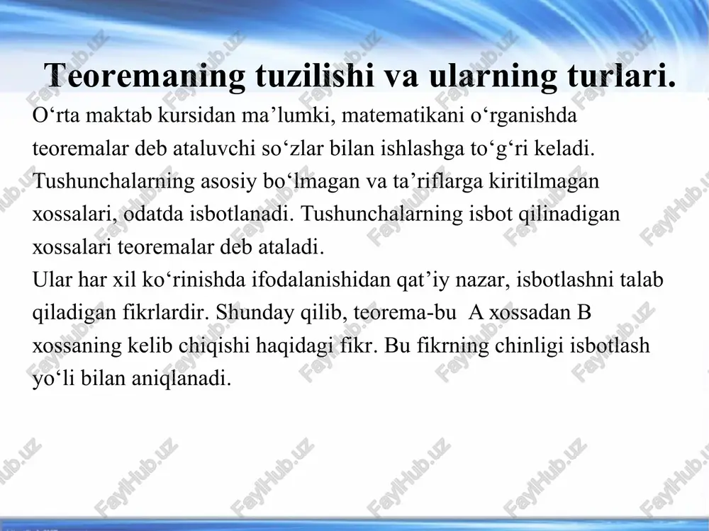 am bajarilishini mantiqiy yo‘l bilan ko‘rsatishdir. isbotlash asosida mulohaza-logik (mantiqiy) operatsiya yotadi. bu operatsiya natijasida ma’nosiga ko‘ra o‘zaro bog‘langan yoki bir necha jumlalardan yangi (berilgan bilimlarga nisbatan) bilimlarni o‘z ichiga olgan jumla hosil bo‘ladi. umuman har qanday mulohazada ham asos, ham xulosa bor. asos va xulosa orasida ma’lum bog‘lanish mavjud, bu bog‘lanish yordamida ular mulohazani tashkil etadi. asos bilan xulosa orasidagi kelib chiqishlik munosabati o‘rinli bo‘ladigan mulohaza deduktiv mulohaza deyiladi. boshqacha aytganda, agar mulohaza yordamida chin asosdan yolg‘on xulosa chiqarish mumkin bo‘lmasa, u holda bu mulohaza deduktiv bo‘ladi. aks holda deduktivmas hisoblanadi. to`liqsiz induksiya to`liqsiz induksiya bu shunday mulohazalarki, bunda ob’yektlar to’plamining ba’zi ob’yektlari ma’lum xossalarga ega bo`lishdan bu to’plamning barcha ob’yektlari ham shu xossalarga ega deb xulosa chiqarishga asoslanadi. to`liqsiz induksiya natijasida olingan xulosalar rost ham, yolg`on ham bo`lishi mumkin. masalan, yozuvi 5 raqami bilan tugaydigan sonning 5 ga bo`linishi haqidagi xulosa rost. n ning ixtiyoriy natural qiymatida ifodaning …