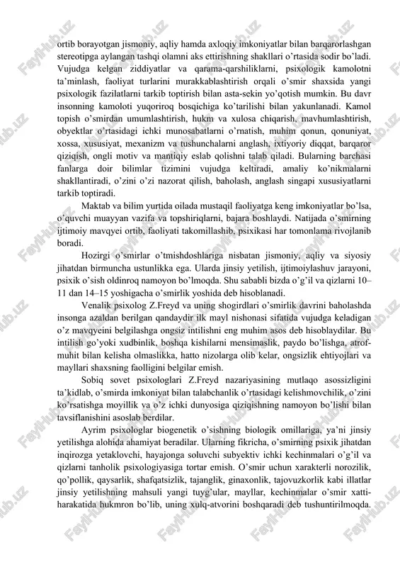 a hodisalarga munosabati oqilonalikdan uzoqlasha boshlaydi, u ayrim ma’lumotlarni tushuntirib berishni yoqtirmaydigan bo’lib qoladi. serzardalik kundalik xatti-harakatning ajralmas qismiga aylanadi. o’smir xulqidagi bunday o’zgarishlar tajribasiz o’qituvchi yoki ota-onani qattiq tashvishga soladi, asabiylashtiradi va ularning o’quvchiga munosabatini o’zgartiradi. natijada kelishmovchiliklar, anglashilmovchiliklar, nizolar kelib chiqadi. ayrim pedagoglar o’smirlik davri inqirozi to’g’risida kuyinib gapiradilar, ba’zi illatlarni tanqid qiladilar va ularning ijtimoiy-psixologik ildizini topishga intiladilar. aslida esa o’smirlarga yondashishda metodologik kamchilikka yo’l qo’yadilar. mazkur illatlarning oldini olish chora va tadbirlari tizimini ishlab chiqa olmaydilar. bu masalaga to’g’ri yondashish ayrim ilmiy tadqiqotlarda asoslab berilgan va o’smirlik davri inqirozi haqida mulohaza yuritishdan ko’ra, kattalar bilan o’smirlar muomalasining inqirozi haqida gapirish to’g’riroq bo’ladi, deb xulosa chiqarilgan. xo’sh, o’smirning psixik o’sishini harakatga keltiruvchi kuch nima? o’smirning psixik o’sishini harakatga keltiruvchi kuch – uning faoliyatini vujudga keltirganligi ehtiyojlar bilan ularni qondirish imkoniyatlari o’rtasidagi qarama-qarshiliklar tizimining namoyon bo’lishidir. mana shu dialektik qarama-qarshiliklar ortib borayotgan jismoniy, aqliy hamda axloqiy imkoniyatlar bilan …