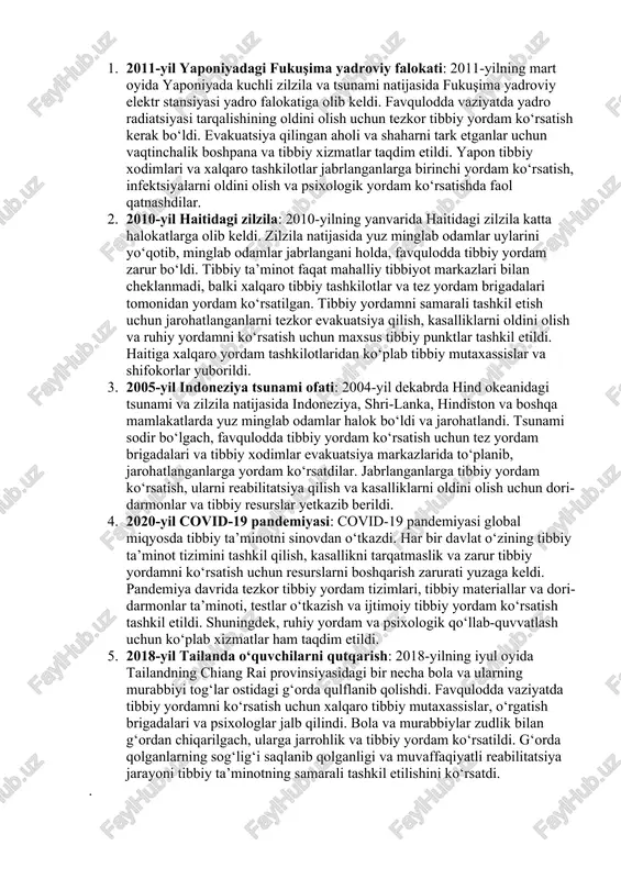 alari va boshqa zarur preparatlar. tibbiy asbob-uskunalar: jarrohlik asboblari, nafas olish apparatlari, birinchi yordam uchun zarur asboblar (bandajlar, turniketlar va boshqalar). tibbiy xodimlar: shifokorlar, hamshiralar, bemorlarni davolashda yordam beruvchi ko‘ngillilar. tibbiy transport: tez yordam mashinalari, shoshilinch evakuatsiya vositalari, vertolyotlar va boshqa transport vositalari. 3. misollar va amaliyotdagi ko‘rinishlar chernobil falokati (1986-yil): chernobil yadro halokati natijasida yuzlab shifokorlar va tibbiy xodimlar jabrlanganlarni davolash, radiatsion zaxarlanishni oldini olish va psixologik yordam ko‘rsatishda qatnashdilar. 2010-yil haitidagi zilzila: zilzila tufayli yuzlab odamlar jarohatlangan va evakuatsiya qilingan. evakuatsiya markazlarida shoshilinch tibbiy yordam ko‘rsatildi, jarohatlar davolandi va kasalliklarning tarqalishi oldi olindi. 4. tibbiy ta’minotni samarali tashkil etishning ahamiyati tibbiy ta’minotning samarali tashkil etilishi favqulodda vaziyatlar va ofatlar paytida odamlarning hayotini saqlab qolish, ularning salomatligini tiklash va zarur bo‘lsa, qayta tiklanish jarayonini tezlashtirishda asosiy rol o‘ynaydi. tibbiy yordamning tez va samarali ko‘rsatilishi orqali juda ko‘p hayotlar saqlanib qolishi mumkin. tibbiy ta’minotni tashkillashtirishga oid misollar: 1. 2011-yil yaponiyadagi …