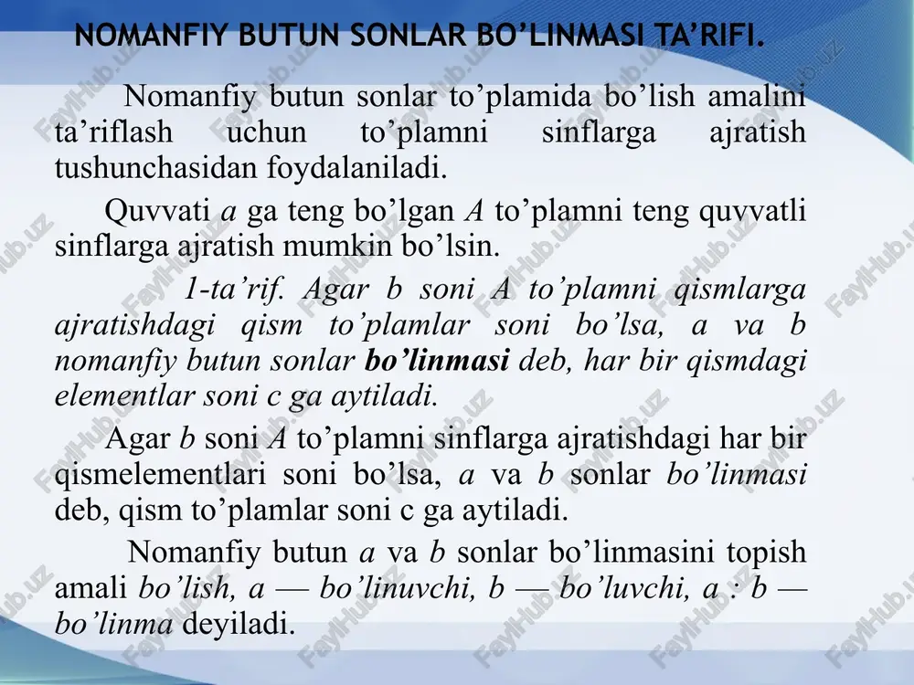 nga bo’lib, natijalarni qo’shish kerak: (a+b): c = a: c+b:c 48 : 3 = (30 + 18) : 3 = 30 : 3 + 18 : 3 = 10 + 6 = 16. 2) ko’paytmani songa bo’lish qoidasi. ko’paytmani songa bo’iish uchun, agar bo’linsa, ko’paytuvchilardan birini shu songa bo’lib, natijani ikkinchi songa ko ‘paytirish kerak: (a · b): c - (a : c) * b = a · (b : c) 75 : 5 = (3 · 25) : 5 = 3 · (25 : 5) = 3 · 5 = 15. 3)sonni ko’paytmaga bo’lish qoidasi. sonni ko’paytmaga bo’lish uchun, agar bo’linsa, sonni avval ko’paytuvchilardan biriga, so’ng ikkinchisiga bo’lish yetarli. a :(b · c) = (a : b) : c = (a : c) : b. 105: (5 ·7) = (105 : 5) : 7 = 21 : 7 = 3. image1.jpeg image3.jpeg image4.gif image2.jpeg /docprops/thumbnail.jpeg