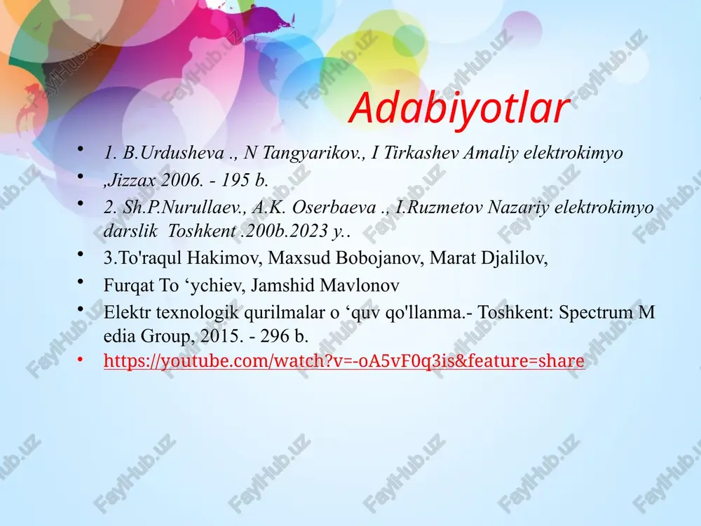 → cl20↑ katod: 2h2o + 2e– → h2↑ + 2oh–" laboratoriya usullari xlor laboratoriyalarda olish uchun odatda kuchli oksidlovchi moddalar (masalan, marganets oksidi (iv), kaliy permanganat, kaliy dichromat bilan vodorod xlorining oksidlanishiga asoslangan jarayonlar qo’llaniladi): 2kmno4 + 16hcl → 2kcl + 2mncl2 + 5cl2↑ +8h2o k2cr2o7 + 14hcl → 3cl2 + 2kcl + 2crcl3 + 7h2o elektroliz usuli bilan olinishi xloratlarni nacl eritmasini elektroliz qilish yo'li bilan diafragmasiz olish mumkin. elektrodlardagi jarayonlar chapter 18 slide 12 gipoxlorli kislota gidroksidi bilan o'zaro ta'sir qiladi: hosil bo'lgan clo– anionlari anodda oksidlanadi: prentice hall ©2004 elektroliz usuli eritmada kimyoviy reaktsiya sodir bo'ladi: katodda ajralib chiqqan vodorod ionlarni kamaytirishi mumkin cio- va cio-3 chapter 18 slide 13 prentice hall ©2004 xlor olish ionalmashinish membranasi chapter 18 slide 14 prentice hall ©2004 bu grafikdan ko’rishimiz mumkinki anodli grafitda bt( cio- ) ionlari =83-85% tashkil qiladi. 3-rasmda naci olinish sxemsi chapter 18 slide 15 prentice hall …