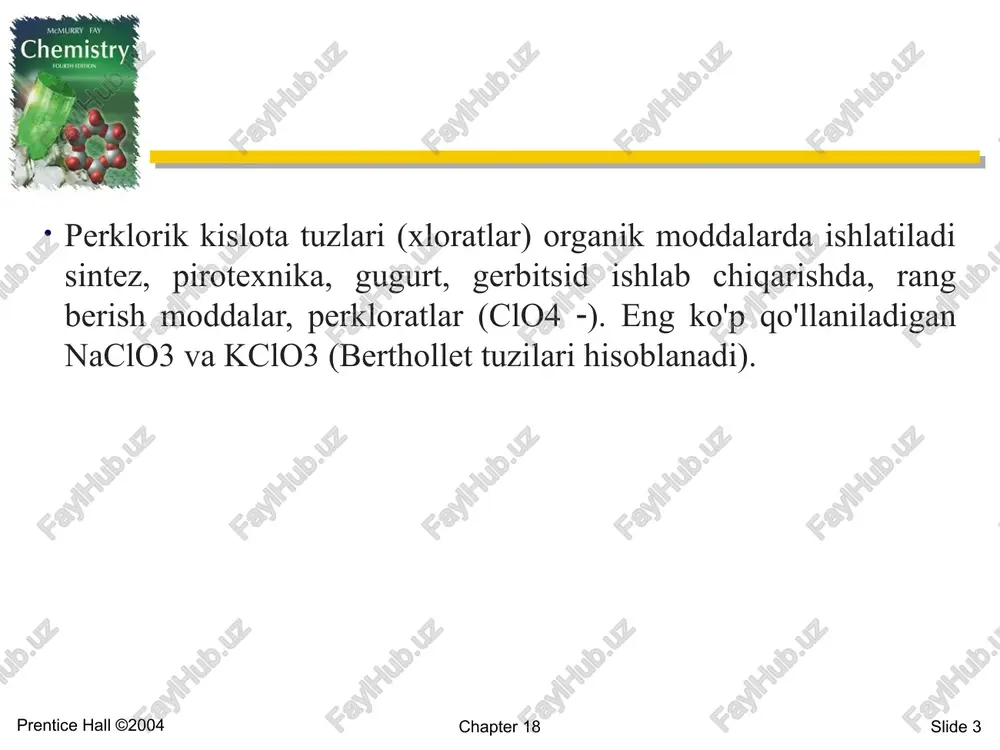 sh 4. o’ta kushli oksidlovchi 3. metallmas gipoxloridlar chapter 18 slide 15 monogidrat naocl · h2o - nihoyatda beqaror, 60 ° c dan yuqori haroratda, portlash bilan parchalanadi naocl · 2.5h2o - ancha barqaror, 57,5 ​​° c da eriydi pentagidrat naocl 5h2o - eng barqaror shakl, och yashil-sariq rangga ega laboratoriyada olinishi ci2 + naoh naci + naoci · h2o (3) ci2 + k2 co3 + h2o k hco3 + koci + kci (4) zamonaviy sanoatda natriy gipoxlorit ishlab chiqarishning ikkita asosiy usuli mavjud: kimyoviy usul - natriy gidroksidning suvli eritmalarini xlorlash; elektrokimyoviy usul - natriy xloridning suvli eritmasining elektrolizi . prentice hall ©2004 membrana usulidagi elektroliz 0. umumiy xlor kollektorida vodorodning umumiy ulushi 0,2 foizdan oshmasligi lozim. 1. elektrolizerning anod bo'shlig'ida 200±100 ra (20±10 mm n2o) miqdoridagi hajmni ushlab turish kerak. qo'shimcha xavfsizlik choralari ishlab chiqilgan taqdirda elektrolizerning anod bo'shlig'idagi bosim ostida ishlashiga yo'l qo'yiladi. 2. elektrolizerning katod bo'shlig'ida …