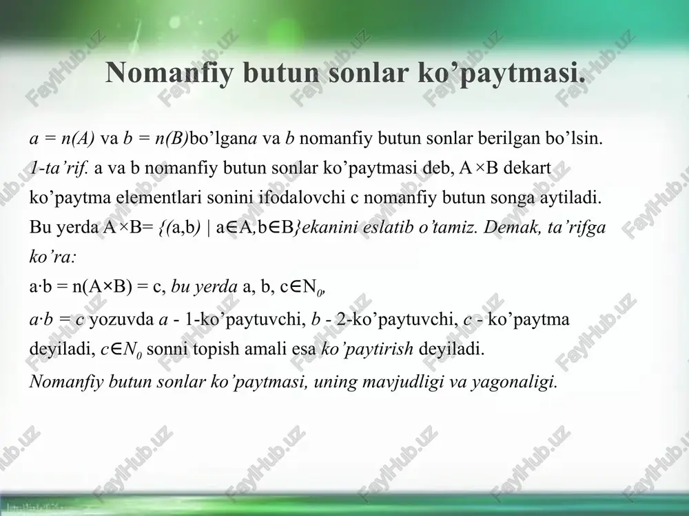 (b; y) (b ; z) (b; t) (c; x) (c;y) (c; z) (c; t) dekart ko’paytma elementlarini ustunlar bo’yicha sanasak, 3×4 = 3 + 3 + 3 + 3=12 ga ega bo’lamiz. nazorat uchun savollar: nomanfiy butun sonlar ko`paytmasi ta’rifini ayting. nomanfiy butun sonlar ko`paytmasining mavjudligi va yagonaligini asoslang. nomanfiy butun sonlar ko`paytmasining xossalarini ayting va asoslang. image2.jpeg image3.png image1.jpeg /docprops/thumbnail.jpeg
