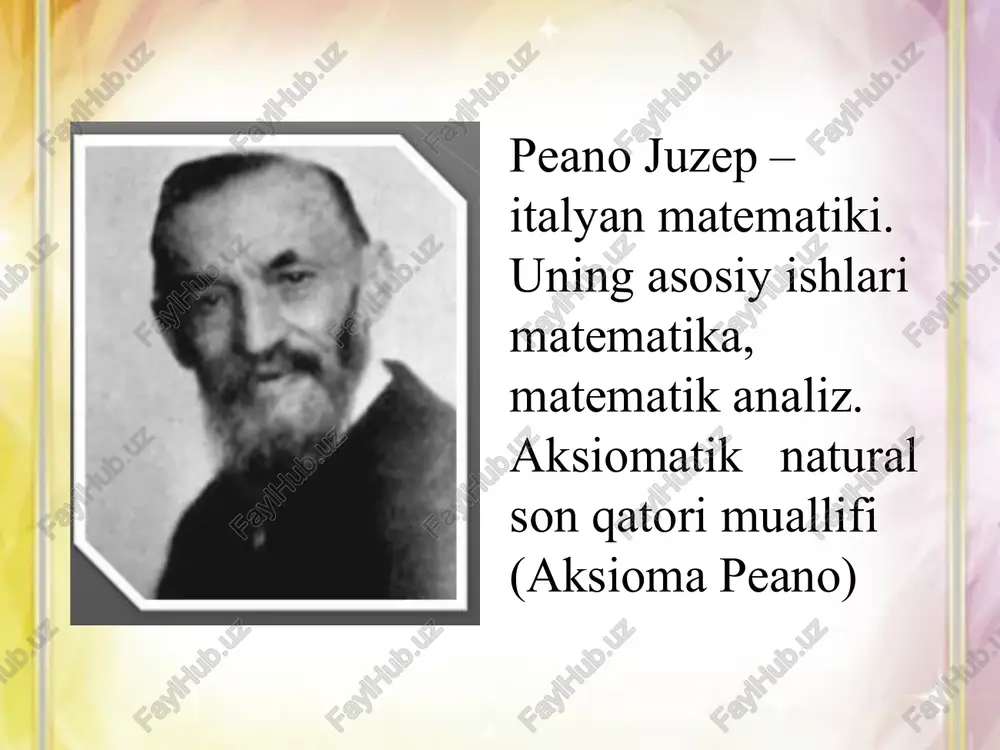 predikat barcha n lar uchun yolg`on deb, umumiy xulosa chiqariladi). i. n = 1 uchun berilgan a(n) predikatning rostligi tekshiriladi. (agar n = 1 uchun berilgan a(n) predikat rost bo’lsa, navbatdagi qadamga o’tiladi, aksincha bo’lsa, u holda berilgan predikat barcha n lar uchun yolg’on deb, umumiy xulosa chiqariladi.) ii.n = k uchun a(n) predikat rost deb faraz qilinadi. iii. n = k+1uchun a(n) predikatning rostligi, ya’ni a(k)⇒a(k + 1) isbotlanadi. shundan so’ng, a(n) predikat n ning barcha qiymatlarida rost deb umumiy xulosa chiqariladi. keyinchalik bu tenglikni biror n qiymat uchun to`g`ri deb, undan bevosita keyin keluvchi n+1 qiymat uchun to`g`riligini isbotlaymiz, ya’ni to`g`ri deb, buning uchun (1) tenglikning chap tomoniga (n+1)2 hadni qo`shib, o`ng tomonida n ni n+1 ga almashtiramiz. (1) da n ta natural sonlar kvadratlarining yig`indisi ga teng bo`lgani uchun (2) ni chap tomonida almashtirish bajaramiz va quyidagini hisoblaymiz. (2) to`g`riligini isbotlaymiz. tenglikning barcha n natural sonlar uchun …