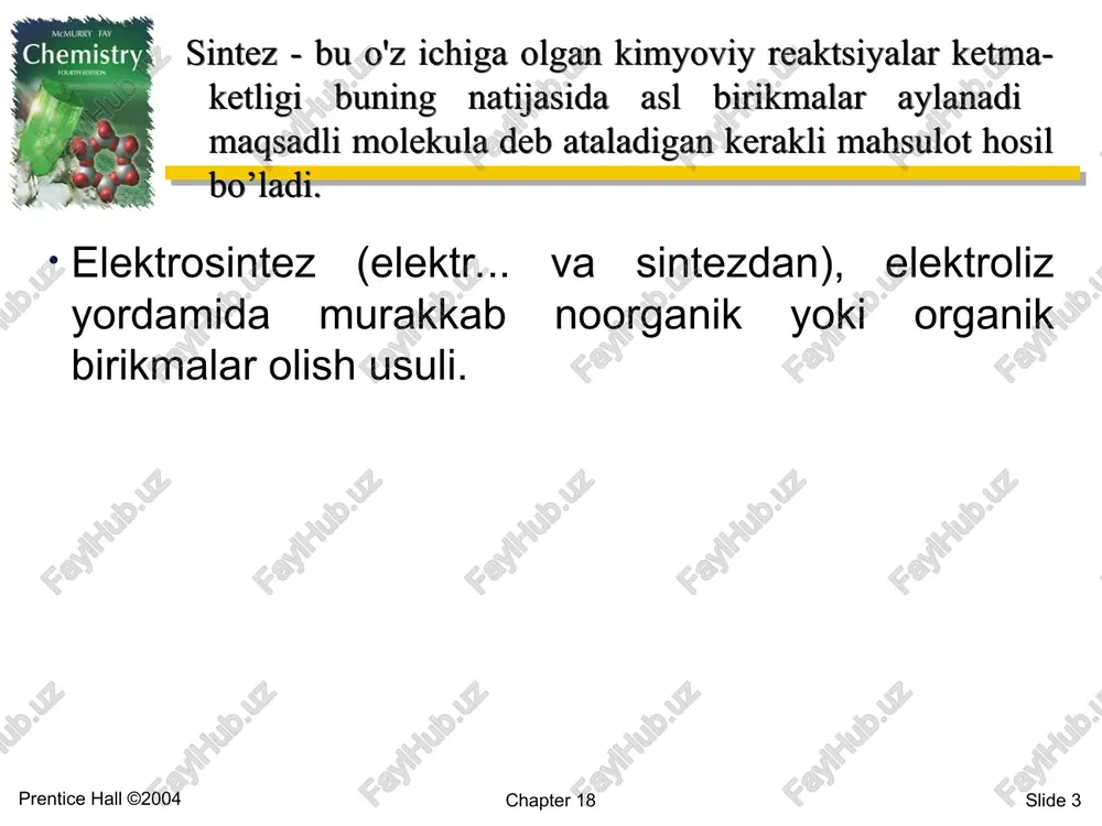ok dlya napitkov. kak pravilo, alyuminievie banki izgotavlivayutsya iz 70% pererabotannogo metalla, kotoriy sdayut kak vtorichnoe sire – lom alyuminievix banok v pererabativayushie kompanii. cl2 va naoh ishlab chiqarish elektrotozalash va elektroqoplama prentice hall ©2004 ma'ruza bo'yicha foydalanishga taklif etilayotgan adabiyotlar 1.x.r.rustamov “fizik kimyo”. t. o'zbekiston. 2000 y., 71-90 betlar. 2. sh.p.nurullaev. fizikaviy kimyo. darslik.-t. iqtisodiyot va moliya, 2014.-523 bet. 3. atkins. physical chemistry, 2006, w.h.freeman and company, new york, 958 p. 4. raymond chang, jonn w.thoman, jr, physical chemistry for the chemical sciences, 2014, universiry science books 5. b.p.nikolskiy, n.a.smirnova i dr. fizicheskaya ximiya. uchebnik. – leningrad: ximiya, 1987. – 880 6. x.s.talipova, a.s.sidikov, o.s.boboqulova, j.s.qayumov. fizikaviy kimyodan laboratoriya va amaliy mashg'ulotlar to'plami. o'quv qo'llanma. –t. sano-standart, 2015. – 271 bet chapter 18 slide * chapter 18 1 – elektrolitlar haroratini nazorat qilish uchun termo pari : 2 – grafit anod; 3 - elektrolizatorning yuqori qismini isitish uchun isitish …