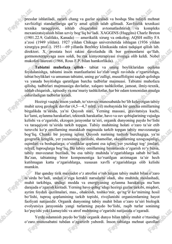 h, i. ch. sanitariyasi va mehnat gigiyenasi asoslarini oʻrgatish; mehnat qilish va dam olish qonunqoidalarini ishlab chiqish va i.ch.ga tatbiq qilish. texnik tadbirlar maʼlum meʼyorlar va qoidalarga asoslanadi. bunda insonning ruhiy, anatomik, fiziologik xususiyatlari hisobga olinadi. mas, mashinaning boshqarish organlarini inson uchun qulay yerga joylashtirish, ish vaqtida zararli chang , gaz chiqmasligini taʼminlash zarur, xavfli taʼsirlardan himoya qilish uchun toʻsiqlar qilinadi, ogohlantiruvchi belgilar va plakatlar osib qoʻyiladi. koʻpincha ishlayotgan mashinalarning uzellari bilan bogʻliq qurilmalar (elektron qurilmalar, fotoelement, avtomatik saqlagich) dan foydalaniladi. bularga saqlagich klapanlari, vklyuchatellar, eruvchan saqdagichlar, shtiftlar va boshqa kiradi. xavfli, zararli ishlarni bajarishda jarayonlarni uzokdan turib boshqarish usuli yaxshi samara beradi. himoya qilishda signalizatsshdan foydalaniladi. jihozlarni yurgizib yuborishdan oldin ularning ishi tekshiriladi hamda sinaladi. juda xavfli jihozlar (bosim ostida ishlaydigan idishlar, yuk koʻtarish mashinalari) davlat inspeksiyasi nazorati ostida boʻladi, namlik, tra, havoning tozaligi, shovqinlar, nurlanish taʼsiri va boshqa doimo nazorat qilinadi. xavfsizlik texnikasi ning muayyan sohalarida ishlaydigan kishilar …