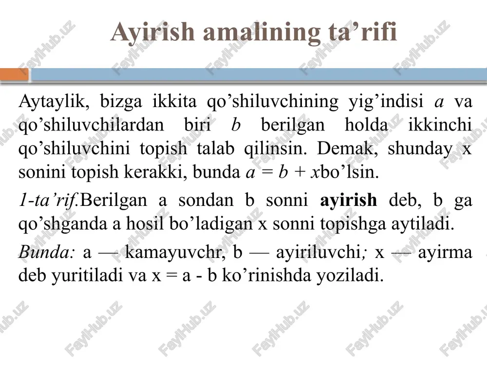 erilgan ko’paytmani ifodalovchi son — bo’linuvchi, berilgan ko’paytuvchi — bo’luvchi, izlanayotgan ko’paytuvchi — bo’linma deyiladi. bo’lish amali bir qiymatlidir. masalan, a) 9:3=3; b) 21:7=3; d) 111:3=37. misol. 12 ta gilosni har biriga 3 tadan nechta bolaga tarqatishdi. masala savoliga javob bo`lish amali orqali topiladi 12:3=4. masalani tahlil qilaylik: 12 ta elementga ega to`plam 3 ta elementga ega bo`lgan teng quvvatli qism to`plamlarga ajratilgan. shuning bilan ular juft-jufti bilan kesishmaydi. masalada nechta shunday qism to`plam borligi so`ralayapti. javobdagi 4 soni 12 elementli to`plamning 3 elementli qism to`plamlar sonini bildiradi. boshqacharoq masalani qaraylik. 12 ta gilosni 4 ta bolaga teng bo`lib berishdi. har bir bolaga nechtadan gilos berishdi? bu masala ham bo`lish amali bilan yechiladi: 12:4=3 (gilos). bu yerda 3 soni boshqa ma’noda – 12 elementdan iborat to`plam berilgan teng quvvatli kesishmaydgan har bir to`rtta qism to`plamdagi elementlar sonini bildiradi. bo`lish amalining to`g`ri bajarilganini tekshirish uchun ko`paytirish amaliga murojaat qilinadi, chunki bo`lish …