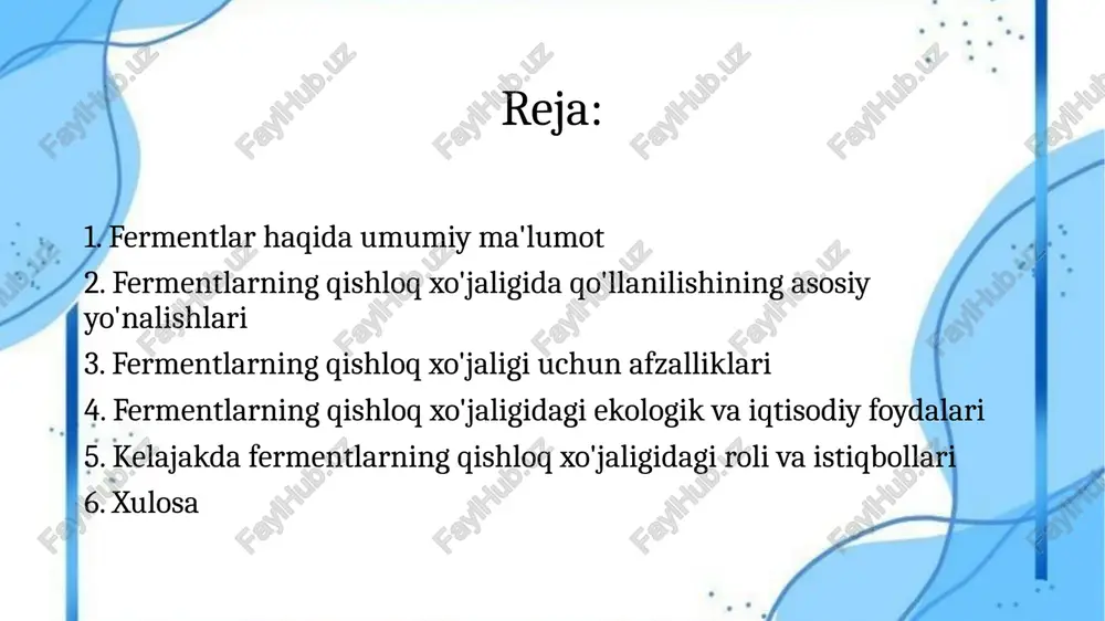 o'stirish uchun yordam beradi, chiqindilarni boshqarishda ekologik toza yondashuvni taqdim etadi va oxir-oqibatda iqtisodiy foyda keltiradi. fermentlar yordamida qishloq xo'jaligida yuqori sifatli mahsulotlar olish, atrof-muhitni himoya qilish va samarali ishlab chiqarishni ta'minlash mumkin. kelajakda fermentlar qishloq xo'jaligining asosiy qismlaridan biriga aylanadi va ekologik barqarorlikni saqlashda katta ahamiyatga ega bo'ladi. image2.jpg image3.jpg image4.png image5.png image1.jpg /docprops/thumbnail.jpeg