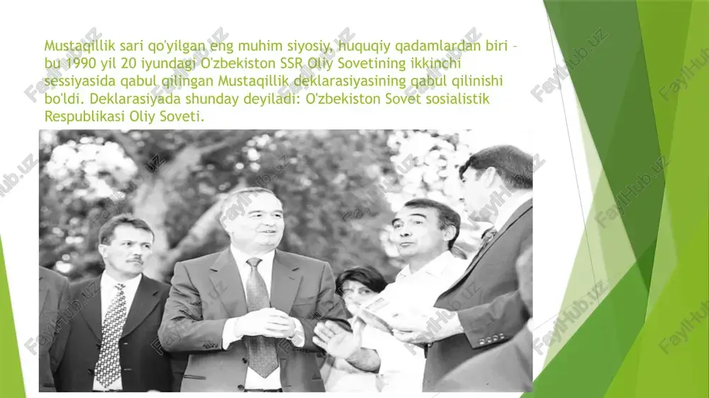 gan. bunday amaliyot sobiq ittifoqning barcha respublikalarida mavjud edi.1990 yilning mart oyida esa, hali respublika sssr tarkibida bo‘lgan bir paytda islom karimov o‘zbekiston ssr oliy soveti tomonidan respublika prezidenti etib saylangan. o‘rnatilgan tartibga zid holat yuzaga keldi: islom karimov, sssr prezidenti mixail gorbachevdan keyin ittifoqdosh respublikaning birinchi prezidenti bo‘ldi va bu hodisa moskvadagi rahbariyatning noroziligini uyg‘otdi. image1.jpeg image2.jpeg image3.jpeg image4.jpeg image5.jpeg image6.jpg image7.jpeg image8.jpeg /docprops/thumbnail.jpeg
