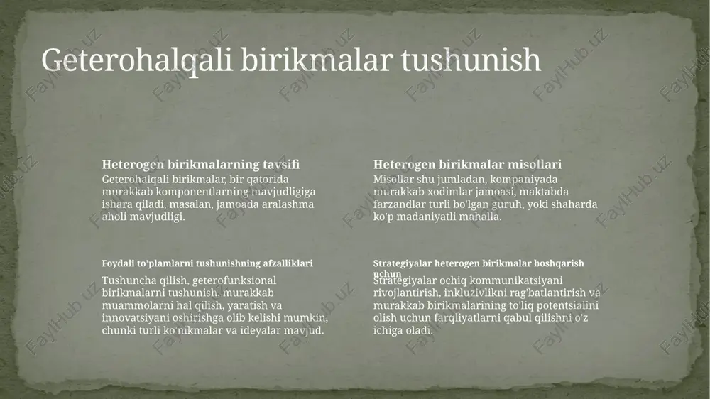 anish va polimerizatsiya jarayonlaridan o'tib, murakkab va turli kimyoviy tuzilmalar shakllanishiga olib keladi. heterogen jamlanmalar sanoat jarayonlarida turli xil geterofunksional birikmalar ishlab chiqarish samaradorligiga ta'siri kechiktirish strategiyalari sanoat jarayonlarida heterogen birikmalar qati, yog', va gaz fazalari tarkibidagi qarishmalar, masalan, ishlab chiqarish, ko'prik, va aerosollarni o'z ichiga oladi. bu birikmalar, uskunalarni yopishga olib kelishi, issiqlik almashish samaradorligini kamaytirishi va energiya iste'molini oshirishi mumkin, umumiy ishlab chiqarish samaradorligiga ta'sir qilishi mumkin. geterohalqali birikmalar uchun qisqartirish strategiyalari, doimiy tozalash jadvalini amalga oshirish, jarayon parametrlarini optimallashtirish va yuqori darajadagi ajratish texnologiyalaridan foy poli-, geterofunksional birikmalar sintezi va xususiyatlarini tahlil qilish 1 2 3 polifunksional birikmalar sintezi heterofunksional birikmalar uchun xususiyatlar tekshiruvi usullari poli-, geterofunksional birikmalarining aralashmasi mavzusidagi ilovalar bu, polietilen glikol yoki polilaktik kislotalar kabi ko'p funksional guruhli polimerlar yaratishni o'z ichiga oladi. metodlar, masalan, nmr spektroskopiyasi va mass-spektrometriya heterofunksional polimerlarining tuzilish va tarkibini analiz qilish uchun ishlatiladi. bu ko'p maqsadli materiallar dori yetkazish …