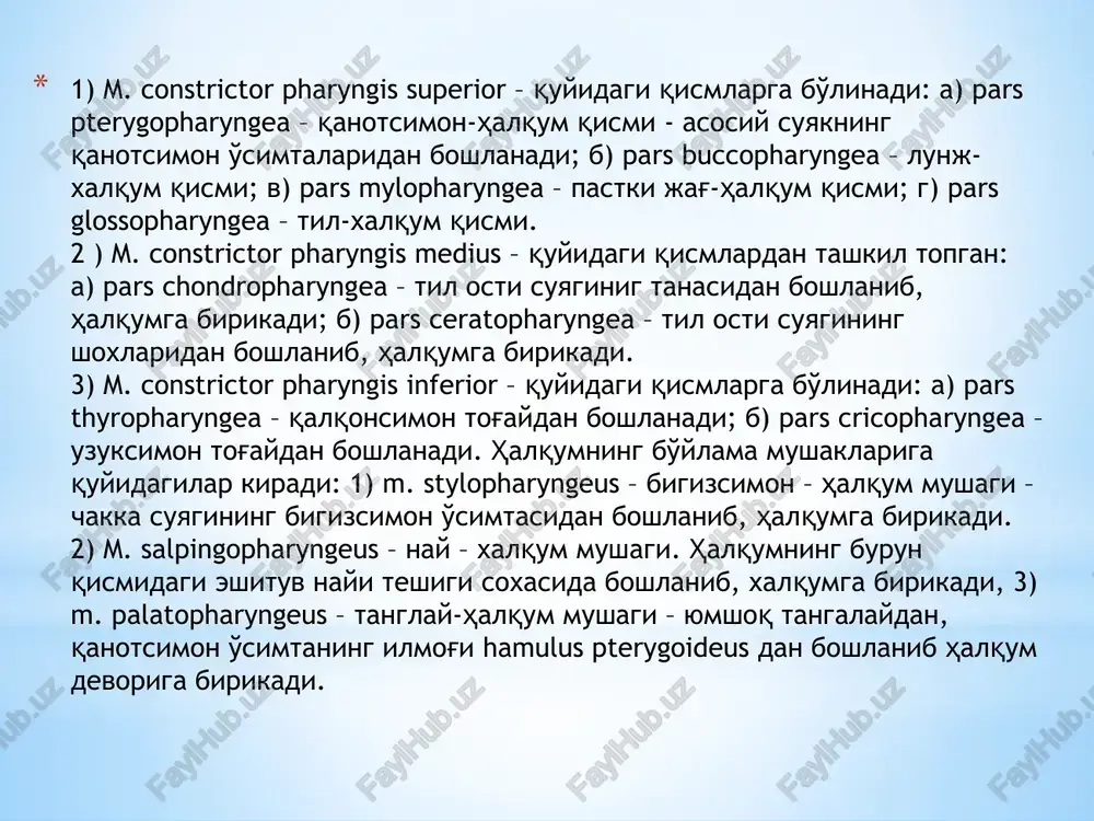 rganning lümenine kirishi mumkin emas, bu uning ishiga salbiy ta'sir ko'rsatishi mumkin. epiglottisning ko'tarilishi birinchi himoya to'siqdir. keyingi - eng kuchli yo'tal, oziq-ovqat zarralari gırtlak ichiga kirgandan keyin paydo bo'ladi. shunday qilib, tana bu organdan keraksiz narsalarni chiqaradi. uchinchi himoya darajasi - bakteritsid shilimshiq, limfa tugunlari va kirpikli epiteliya mavjudligi. funksiya 4. ovoz yaratish halqum yana qanday vazifani bajaradi? shunday qilib, bu alohida tana ovoz hosil qiluvchi organ ekanligini aytish juda muhimdir. ya'ni, odamlarga gapirish va kerakli ma'lumotni suhbatdoshga etkazish imkonini beradigan gırtlak. ammo "tirik ovoz" ni tanlash allaqachon boshqa organlarning ishi. halqumda turli tovushlar tug'iladi. aynan shu erda ular o'ziga xos hissiy rangga ega bo'ladilar. shuningdek, ba'zi gormonlar ovoz paychalarining faoliyati va faoliyatiga ta'sir qilishi mumkinligini ham ta'kidlash kerak. masalan, jinsiy bezlar, buyrak usti bezlari, qalqonsimon bez va gipofiz bezining gormonlari. shuning uchun balog'at yoshida (12 yoshdan 16 yoshgacha) odamning ovozi o'zgarishi yoki ovozini "buzishi" mumkin. halqum kasalliklari halqum …