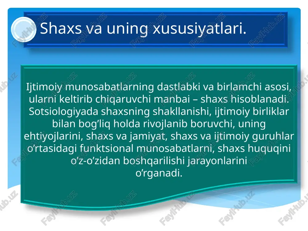 ial imkoniyatlar, sotsial «ko’nikmalar», talablar strukturasi. 1 sotsial ehtiyojlar va qiziqishlar 2 sotsial yo’nalishalr va pozitsiyalar 3 hulq-atvorni strategik tashkil etish 4 sotsial aktivlik insonning ijtimoiylashuv va tarbiya asosidagi shaxsga xos xususiyatlarining shakllanish jarayonini qator ob’ektiv va sub’ektiv faktorlar bilan asoslash mumkin: sotsial ehtiyojlar va qiziqishlar tizimi, ilgari aytib o’tganimizdek, shaxsning ijtimoiylashuvi va tarbiyasi asosini tashkil etadi. ehtiyojlar inson faoliyatining va hulq-atvorining birlamchi, asosidir, ularni yuzaga keltiruvchi kuchdir. shaxsning sotsial yo’nalishi va dunyoqarashi sistemasiga programmalar, maqsadlar, ishonch-e’tiqodlar va baholovchi kriteriylar yig’indisi kiritiladi. ular shaxsning afzalroq va majburiy fe’l- atvorini belgilaydi. fe’l-atvorni ichki strategik tashkil etish tizimini ijtimoiylashuvining asoslovchi mexanizmlarini harakatga keltirish «vositasi» sifatida qarash mumkin. u bir tomondan shaxsning ehtiyojlari qiziqishlari orientatsiyalari va pozitsiyalari va ikkinchi tomonda uning aktivligi o’rtasida «ko’prik» sifatida namoyon bo’ladi. ijtimoiylashuvning shaxsga xos tizimlari konkret – tarixiy xarakterga ega va shaxsning ijtimoiylashuvi jarayoni mohiyatini ochib beruvchi ijtimoiy munosabatlar tipi va xarakteriga bog’liq. deviant fe’l-atvor va uning …