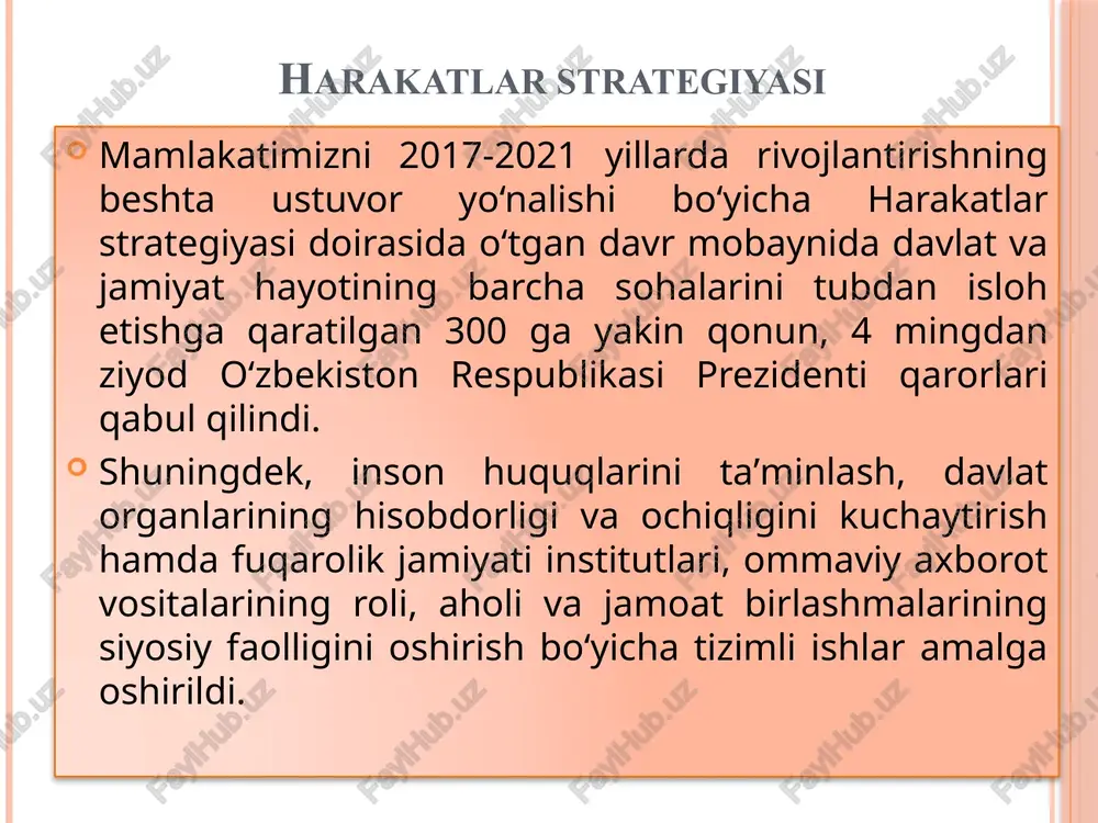 iklar va idoralar tuzilgan, 6 ta davlat funksiyasi xususiy sektorga o`tkazilgan. davlat va jamiyatni ishlarini yuritishda parlament roli kuchaytirildi. hukumat soati instituti joriy etildi, oliy majlis palatalari muntazam ravishda sog`liq saqlash vaziri, tashqi ishlar vaziri, ichki ishlar vaziri, adliya vaziri va hukumatning boshqa a`zolarining hisobotlarini tinglashadi. 2019 yilda hukumatning davlat dasturi amalga oshirilishi to`g`risidagi hisobotlarni har yil choragida eshitish amaliyoti joriy qilindi. «davlat va jamiyat qurilishi tizimini takomillashtirish» yo`nalishi 2017 yildan boshlab o`zbekistonda xalq qabulxonalari va prezidentning virtual qabulxonalari ishlamoqda, ular aholi bilan bevosita muloqotni, tezkor javob berishni va joylarda muammolar hal etilishini ta`minlaydi. 2017 yildan 2020 yilgacha ular orqali 10,1 mln. murojaatlar o`tdi. byurokratiyaga qarshi kurashish natijasida davlat xizmatlaridan foydalanish uchun zarur bo`lgan hujjatlar soni 2 barobarga (167 dan 79 gacha) qisqardi. 4 yil ichida «yagona darcha» tamoyili asosida taqdim etiladigan xizmatlar soni 10 barobarga (16 dan 157 gacha) oshdi. «qonun ustuvorligini ta`minlash va sud-huquq tizimini yanada isloh qilish» …