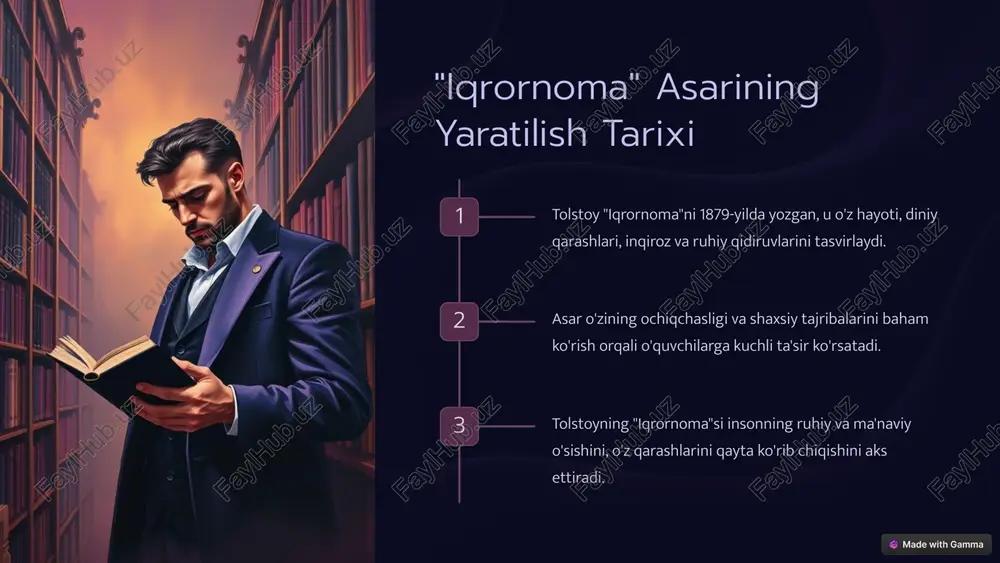 i va haqiqatga intilishi, o'zining zamonaviy dolzarbligini saqlab qoldi. "iqrornoma" insonning ma'naviy o'sishini, o'z qarashlarini qayta ko'rib chiqishini va jamiyatni yaxshilashga intilishini tasvirlaydi. uning asari o'quvchilarga o'z hayoti va qarashlari haqida chuqur o'ylashga ilhom beradi. 10 image1.png image2.png image3.png image4.png image5.png image6.png image7.png image8.png image9.png image10.png image11.png image12.png image13.png image14.png image15.png image16.png image17.png image18.png image19.png