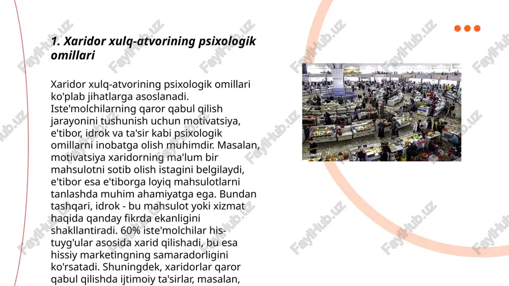 ik omillarga asoslangan holda amalga oshiriladi. har bosqich iste’molchining qaror qabul qilish sifatiga ta’sir etadi. ... t.me/slaydai_bot onlayn xarid qilish tendensiyalari o‘zbekistonda tez rivojlanmoqda. 2023-yilda internet foydalanuvchilari soni 27 millionga yetdi va ularning 56%i onlayn xarid qilishni afzal ko‘rmoqda. mamlakatda elektron tijorat hajmi 2022-yilda 3 milliard dollarga yetdi. aholining 60%i mobil qurilmalar orqali xarid qilmoqda, bu esa mobil to‘lov tizimlariga talabni oshirdi. elektron tijorat bozorida kiyim-kechak va elektronika mahsulotlari eng ommabop hisoblanadi. har kuni o‘rtacha 35 mingta buyurtma onlayn ko‘rinishda amalga oshirilmoqda. o‘zbekistondagi tadbirkorlarning 45%i onlayn platformalarda o‘z bizneslarini rivojlantirishni maqsad qilgan. ... t.me/slaydai_bot 7. ijtimoiy omillar va xaridorlar xulq-atvori ijtimoiy omillar xaridorlar xulq-atvoriga sezilarli ta'sir ko'rsatadi. masalan, jamiyat normasiga moslashish istagi xaridorlarning tanlovlarini boshqarishi mumkin. 2020-yilda o'tkazilgan tadqiqotlar shuni ko'rsatdiki, jamiyat, do'stlar va oilaning ta'siri xaridorlarning taxminan 70% qarorlariga ta'sir qiladi. ijtimoiy omillar ichida madaniyat va guruhlar ham muhim rol o'ynaydi. xaridorlar ijtimoiy mavqeu va maqomga ega bo'lish uchun …