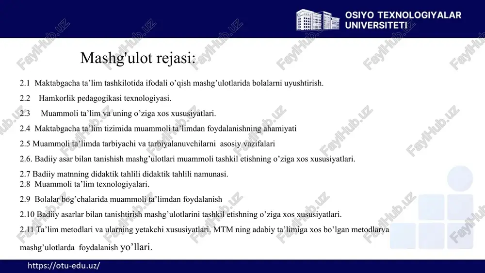 va ta'lim samaradorligini oshiradi. 9 badiiy asarlar bilan ishlash metodlari oldindan tanishish asar haqida qisqacha ma'lumot berish, bolalarning qiziqishini uyg'otish ifodali taqdimot dramalashtirish elementlari bilan matnni hayotiy yetkazish muhokama va tahlil asardagi voqealar va qahramonlar haqida suhbat ijodiy faoliyat rasm chizish, o'yin o'ynash orqali asarni chuqurroq o'zlashtirish 2.4 maktabgacha ta’lim tizimida muammoli ta’limdan foydalanishning ahamiyati 10 turli yosh guruhlariga mos badiiy asarlar 1 3-4 yosh qisqa ertaklar, she'rlar, qo'shiqlar. takroriy elementlar ko'p bo'lgan asarlar. "sho'r baliq", "tovuqcha" kabi ertaklar. 2 4-5 yosh murakkab syujetli ertaklar, hazil-mutoyibali asarlar. "turnaning minnatdorligi", "mushukcha va it" kabi hikoyalar. 3 5-6 yosh uzoq ertaklar, she'riy to'plamlar, bolalar dostonlari. "konigil", "alpomish" dan lavhalar. 11 badiiy asarlarni tanlash mezonlari asosiy mezonlar: yosh xususiyatlariga mosligi bolalarning idrok imkoniyatlari va qiziqishlariga mos kelishi tarbiyaviy ahamiyat axloqiy qiymatlarni shakllantirish, ijobiy xususiyatlarni rivojlantirish til boyligini oshirish yangi so'z va iboralar, til vositalarining boyligi 2.5 muammoli ta’limda tarbiyachi va tarbiyalanuvchilarni asosiy vazifalari …