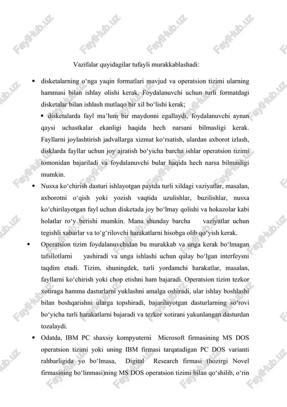 i qulayliklarni taqdim etuvchi yangi versiyalari chiqarildi. · 1987 yili microsoft firmasi ms dos operatsion tizimining amalda keyingi 3-4 yilga standartga aylangan 3.3 (3.30) versiyani ishlab chiqdi. bu versiya juda ixcham va yetarli darajadagi imkoniyatlar to‘plamiga ega bo‘lganidan "standart ibm pc at" da hozir ham undan foydalanish maqsadga muvofiq. ammo tezkor xotirani quvvati bir necha megabayt bo‘lgan quvvati balandroq kompyuterlarda ms dos operatsion tizimining (5.0 va 6.0) versiyalaridan foydalanish maqsadga muvofiq. bu versiyalar quvvati 640 kbaytdan ortiq tezkor xotiradan samarali foydalanish uchun mo‘ljallangan zarur vositalarga ega, 32 mbaytdan ortiq mantiqiy disklar bilan ishlash, odatdagi xotirada amaliy dasturlar uchun joy ochib, dos va uskunalarning drayverlarini kengaytirilgan xotiraga ko‘chirish va boshqa imkoniyatlarni yaratadi. ms dos 6.0 versiyasi o‘z ichiga disklardagi axborotni arxivlash vositasi (doublespace), zaxira nusxalarini yaratish dasturi, virusga qarshi dastur va boshqa mayda holatlarni o‘z ichiga oladi. ammo bu versiyada axborotni qabul qilish dasturlari hamma vaqt ham bexato ishlayvermaydi, bu ayrim …