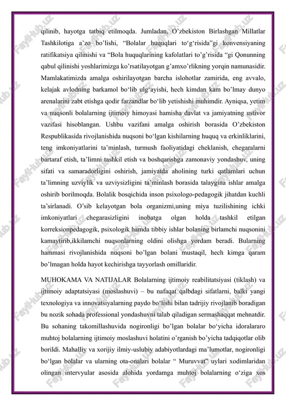 xos tomonlarni aniqlashda amalga oshiriladi. ijtimoiy reabilitatsiya orqali bola shaxsining o’ziga xos psixologik xususiyatlari rivojlantiriladi. jarayon davomida rivojlanishida nuqsoni bo‘lgan bola bilan vujudga keladigan g’oyat katta ichki va tashqi omillar bilan bog’liq bir qator muammolbola rivojlanishiga ta’sir ko’rsatadi. ushbu jarayonni samarali boshlash uchun ularning o‘ziga xos xususiyatlarini o’rganish, ijobiy va salbiy tomonlarini,ta’sir etish natijalarini oldindan ko‘rish va korreksiyalashni o‘z vaqtida boshlash kerak. o’zbekiston respublikasining “ta‘lim to‘g‘risida”gi qonunning 23-moddasiga ko’ra rivojlanishda jismoniy yoki psixik kamchiliklarga ega bo’lgan bolalar ta’lim olish huquqiga ega. mamlakatimizda alohida yordamga muhtoj bolalarga yordamni tashkil etish—inson haqida g’amxo’rlik ko’rsatilishining yorqin namunalaridan biridir. o’zbekistonda alohida yordamga muhtoj va nogiron bolalarga yordam xalq ta’limi vazirligi, sog‘liqni saqlash vazirligi hamda oliy ta’lim, fan va innnovatsiyalar vazirliklari qoshida muassasalarda tashkil etilgan. xalq ta’limi vazirligi qoshida ular uchun ixtisoslashtirilgan maktabgacha ta’lim muassasalari, maktab, maktab-internatlari faoliyat ko’rsatib kelmoqda. maktabgacha ta’lim muassasalarida va maktabda alohida yordamga muhtoj bolalar integratsiyalashgan, inkluziv ta’limga jalb etilmoqdalar. segregatsion …