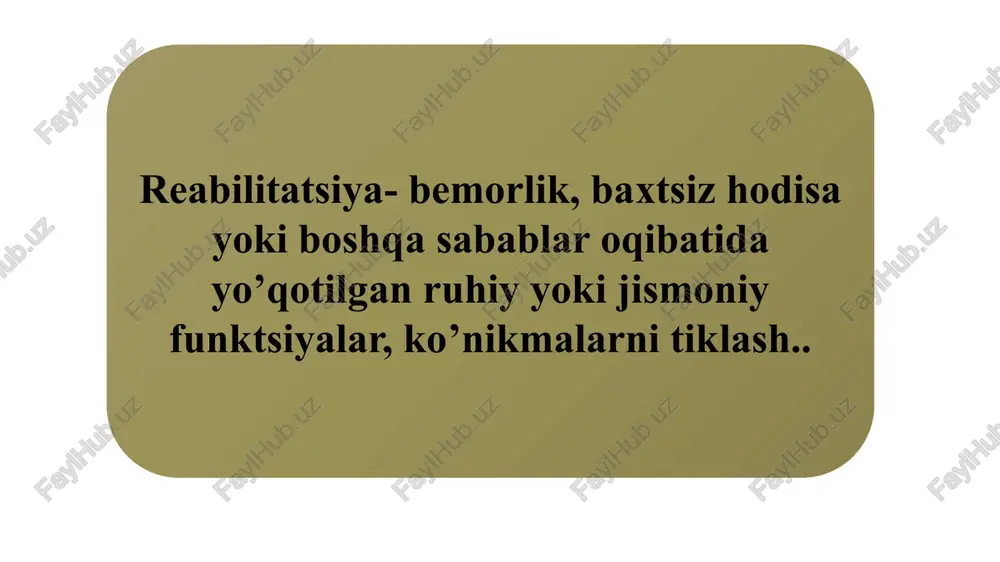 li bolalar va kattalarning barcha qobiliyatlarini va potentsialini rivojlantirishga, ularni maksimal darajada mustaqil, birovga qaram bo'lmagan hayotga erishishi uchun uning uzluksiz ta'limi vositasida, samarali ta'lim texnologiyalaridan foydalanib jamiyat hayotida faol ishtirok etishini ta'minlashga qaratadi. nazoratning ommaviy (frontal) shakli nazorat-ning individual shaklidan o'z-o'zini nazorat qilish shakli nazoratning kombinatsiyalangan (biriktirilgan) shakli nazoratning guruhli shakli o'quvchilarning o'quv faoliyatini nazorat qilish shakllari jahon sog’liqni saqlash tashkiloti tomonidan qabul qilingan nogironlik tushunchasi o’ziga quyidagilarni kiritadi: 1) impairments - psixik, fiziologik, yoki anatomik jihatdan me’yordan og’ishish, yetishmovchilik; 2) disability – u yoki bu jihatdan me’yorda hisoblangan biror-bir faoliyatni amalga oshirishdagi cheklanish, amalga oshirish qobiliyatini yo’qotish; 3) handicap - ijtimoiy ustanovkalar bilan o’zaro aloqadorlikda qabul qilinadigan, jamiyat tomonidan beriladigan xizmatlar va imkoniyatlardan foydalana olmaslik, ijtimoiy dezadaptatsiya, samarasiz yoki sekinlashga ijtimoiylashuv; rus psixologi l.s. vigotskiy: «shaxsning taqdirini nuqson emas, balki uning ijtimoiy asoratlari, uni ijtimoiy-psixologik amalga oshirish hal etadi. kompensatsiya jarayonlari shuningdek, to’g’ridan-to’g’ri kamchilikni to’ldirishga emas, balki uning …
