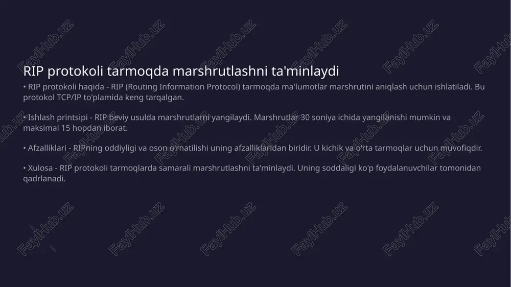 ida, tarmoqdagi marshrutlash jarayonlarini soddalashtiradi. rip versiyalari: rip v va rip v • rip v - rip v eng avvalgi versiyadir. u oddiy va keng tarqalgan yo'lni aniqlash protokoli hisoblanadi. bu versiya 15 hopgacha yoʼlni qoʼllab-quvvatlaydi. • rip v2 - rip v2 koʼproq imkoniyatlarni taklif qiladi. u shifrlash va kliplar uchun yuqori qoʼllanilishi bilan farqlanadi. ipv4 tarmoqlarida keng qoʼllanadi. • rip v3 - rip v3 hali rasmiy qoʼllanilishi amalga oshirilmagan. lekin ular ipv6 uchun moʼljallangan. ushbu versiya new rakurslar bilan birga kelishi kutilmoqda. • rip versiyalarining oʼrni - rip protokollari tarmoq oʼzaro aloqasini koʼpaytirish uchun zarurdir. ular turli tarmoq sharoitlariga mos ravishda optimallashtiriladi. rip protokoli masofaviy vektor marshrutlash usulidir • rip protokoli haqida - rip protokoli masofaviy vektor marshrutlash usulidir. u tarmoqlar orasida ma'lumot uzatish samaradorligini oshirish uchun ishlatiladi. • ishlash prinsipi - rip marshrutlarni hisoblash uchun hop-masofani (burchakni) hisobga oladi. har bir marshrut soatlik ravishda yangilanadi. rip protokoli hop …