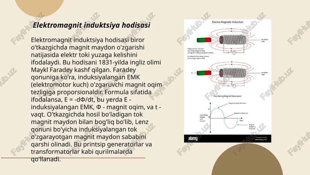 belgilashda manfiy ishorani aks ettiradi. bu qonun energiya konversiyasining samaradorligini tushunishda muhim ahamiyatga ega. ... t.me/slaydai_bot o'zgaruvchan magnit maydon — vaqt bo'yicha o'zgaradigan magnit maydon. bu turdagi maydonlar ko'p jihatdan elektromagnit induksiya hodisasining asosi hisoblanadi. faradayning induksiya qonuniga ko'ra, o'zgaruvchan magnit maydoni atrofida elektromotiv kuch (emk) hosil bo'ladi. o'zgaruvchan magnit maydon chastotasi va amplitudasi bilan xarakterlanadi. ular elektr generatorlari va transformatorlarda keng qo'llaniladi. transformatorlarda o'zgaruvchan magnit maydonlar yordamida energiya bir kuchlanishdan ikkinchisiga o'tkaziladi. ushbu hodisa ko'pincha elektromagnit to'lqinlar, shu jumladan radioto'lqinlar va yorug'lik to'lqinlarining vujudga kelishiga ham sabab bo'ladi. ... t.me/slaydai_bot 7. tokning magnit maydonga ta'siri 7. to'lqin magnit maydoniga ta'siri mavzusida, magnit maydonning kuchlanganligi va to'lqin uzunligi o'rtasidagi munosabat muhim ahamiyatga ega. odatda, elektromagnit to'lqinlar magnit maydonida yo'naltirilganda uning yo'nalishini yoki intensivligini o'zgartirish mumkin. faraday aylanishi orqali polarizatsiya burchagi o'zgaradi. masalan, optik materiallarda ushbu effektlar 1,5 t magnit maydonida seziladi. radiochastotali elektromagnit to'lqinlar 30 hz dan 300 ghz gacha …