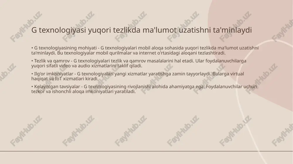 ydi • iot tarmoqlari - iot tarmoqlari asosan yuqori tezlikda ma'lumot uzatishni ta'minlaydi. bu tarmoqlar juda ko'p qurilmalarni ulash imkonini beradi. • texnologik yangiliklar - oson integratsiyalashuvchi protokollar iot qurilmalarini tarmoqlarda harakatlantirish imkonini yaratadi. bu yangi imkoniyatlarni keltirib chiqaradi. • ma'lumotlarni uzatish - g tarmoqlari iot qurilmalari o'rtasida tez va ishonchli ma'lumot almashishni ta'minlaydi. ular katta hajmdagi ma'lumotlarni boshqarishda yordam beradi. • kelajakda rivojlanish - g tarmoqlari bilan iot ekotizimining rivojlanishi, intelligent texnologiyalarni qo'shimcha ravishda takomillashtiradi. bu taraqqiyotni sharoitida davom etadi. tarmoqni boshqarish g da muhim ahamiyatga ega • tarmoqni boshqarish asoslari - tarmoqni boshqarish foydalanuvchilar va resurslar o'rtasidagi samarali aloqa o'rnatadi va tizimlarni barqaror ishlashini ta'minlaydi. • muhim vazifalar - bunga tarmoq monitoringi, xavfsizlikni ta'minlash va xizmat ko'rsatish darajasini nazorat qilish kabi vazifalar kiradi. g tarmoqlari ko'p foydalanuvchili muhitlarni qo'llab-quvvatlaydi • kirish - g tarmoqlari ko'p foydalanuvchilar uchun kengaytirilgan imkoniyatlar yaratadi. ular bir vaqtda bir nechta foydalanuvchini bir xil …