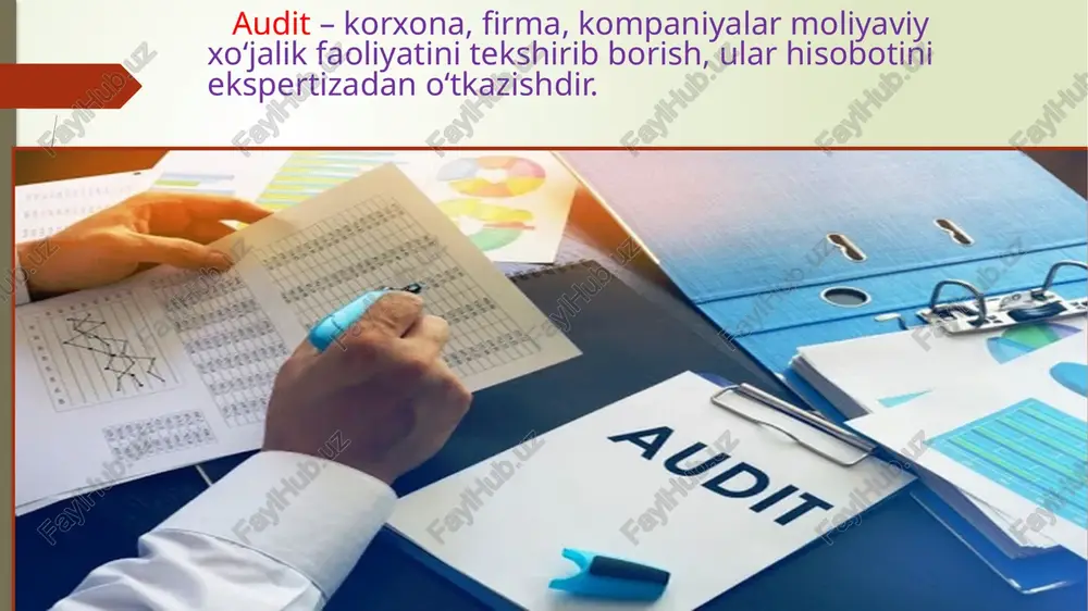 ditning vazifalari quyidagilardan iborat: korxonaning ishiga moliyaviy nazorat; iqtisodiy ko’rsatkichlar bo’yicha ichki nazorat tizimi ixtisoslashganligini tekshirish; boshqaruv xodimlarining ishlab chiqarish va sotish bo’yicha tahlil ishlari; korxonalarning likvidligi, rentabelligi va ish faoliyatini boshqarish; korxona ishini yaxshilash bo’yicha tasvirlar ishlab chiqish; korxonada ichki auditorning bo’lishi shu korxona uchun foydalidir. tekshirish o’tkazish usullari tashqi auditnikiga o’xshash bo’lib, tekshirish hajmi va ob’ekti jihatdan farq qiladi. ichki audit, avvalo, korxonada moddiy boyliklarning saqlanishi va foydalanilishi, hisob-kitobning to’g’riligi va boshqa ob’ektlarni tekshirishga qaratiladi. ichki auditda, odatda, to’liq tekshirish o’tkaziladi. ichki audit faoliyatining eng keng tarqalgan turi operatsion auditdir. operatsion audit – bu auditorning korxonada resurslardan samarali foydalanish, samarali yutuqlarga erish maqsadida korxonaning moliya-xo’jalik faoliyatini tekshirishdir. uning maqsadi – xodimlarning o’z vazifalarini bajarish va korxona rentabelligini oshirishga yordam berishdir. ichki auditorlarga ham mustaqillik kerak. ular axborot to’plashda korxona rahbari tazyiqidan xoli bo’lishi lozim agar korxonada ichki audit tashkil etilgan bo’lsa, tashqi auditor uning yordamidan foydalanishi mumkin. tashqi …