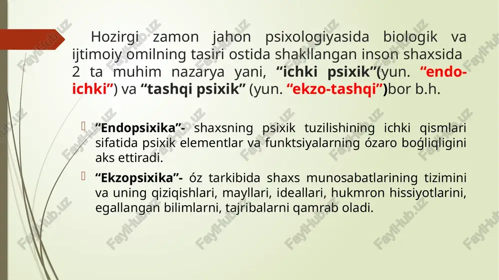 lib, bunda shaxsning jamiyatga qóshilishi, uning normalarini qabul qilishi, óz tajribalarini qóllashi va ózgalarga tasirini ótkaza olishidek murakkab jarayondir (institutlar). ijtimoiylashuvning bir neshta turalari bor: masuliyat maqsad ideyallar itiqod dunyoqarash qiziqish shaxs faoliyati va uning tuzilishi faoliyatning amalga oshishi va shaxs xulq-atvorini tushuntirish uchun psixologiyada “motiv” va “motivatsiya” tushunchalari qóllaniladi. motiv – malum ehtiyojlarni qondirish bilan boǵliq faoliyatga undovchi kuchdir. motivatsiya- odamni faol faoliyatga undovchi motivlar majmuidir. shaxsiy dispozitsiya- shaxs xulq-atvorini ichkaridan yani ichki psixologik sabalar tufayli boshqarish tushuniladi (anglangan va anglanmagan dispozitsiya). ehtiyojlar ierarxiyasi har qanday motivlarning orqasida shaxsning ehtiyojlari yotadi. ehtiyojlar faollik manbai bólib, u insonni biror buyim, sharoit, vaziyat yoki kishilarga nisbatan zaruriyat tuǵilishida aks etadi. har qanday shaxsdagi mavjud ehtiyojlarni ikki guruhga bólish mumkin: biologik ehtiyoj (fiziologik, tashnalik, ochlik, uyqu, jinsiy, moslashuv). ijtimoiy ehtiyojlar (mehnat qilish, bilish, estetik va axloqiy-manaviy ehtiyojlar). faoliyat insonning yosh xususiyatlariga va asosiy faollik turlari bóyicha quyidagi turlarga bólinadi: - muloqat - …