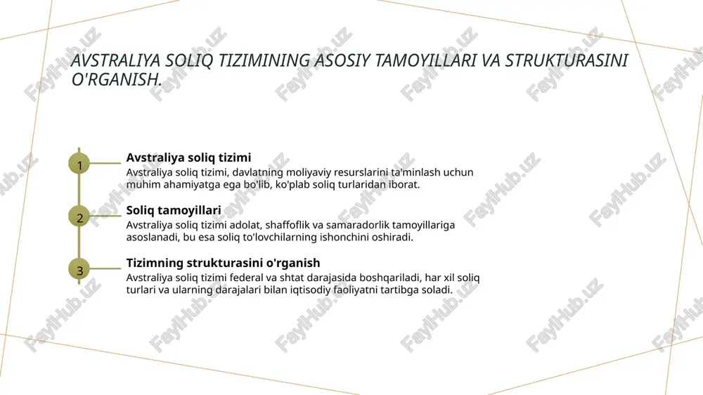 him, chunki bu iqtisodiy o'sish va moliyaviy barqarorlikni oshirishga yordam beradi. o'zbekiston uchun avstraliya soliq tizimidan olingan tajribalar va imkoniyatlar. avstraliya soliq tizimidan o'zbekiston uchun bir qator tajribalar olish mumkin. misol uchun, soliq stavkalarini optimallashtirish va raqamli tizimlarni joriy etish iqtisodiy samaradorlikni oshirishi mumkin. shuningdek, soliq to'lovchilar bilan muloqotni kuchaytirish va shaffoflikni ta'minlash zarur. photo by alexander grey on unsplash avstraliya soliq tizimining asosiy xususiyatlari va struktura tahlili. 1 avstraliya soliq tizimi - avstraliya soliq tizimi, davlatning iqtisodiy faoliyatini moliyalashtirishga xizmat qiluvchi murakkab va tartibli tizimdir. u ko'plab daromad manbalarini o'z ichiga oladi. 2 daromad solig'i - avstraliyada daromad solig'i, fuqarolar va korxonalar uchun asosiy soliq hisoblanadi. u progressiv tariflarga ega bo'lib, yuqori daromadlar ko'proq soliq to'lashi kerak. 3 qo'shimcha soliq turlari - avstraliyada qo'shimcha soliq turlari, masalan, to'lovlar, gst va aksiz soliq kabilar mavjud. ular iqtisodiy faoliyatni rag'batlantirishda muhim rol o'ynaydi. 4 soliq boshqaruvi - avstraliyada soliq boshqaruvi, avstraliya …