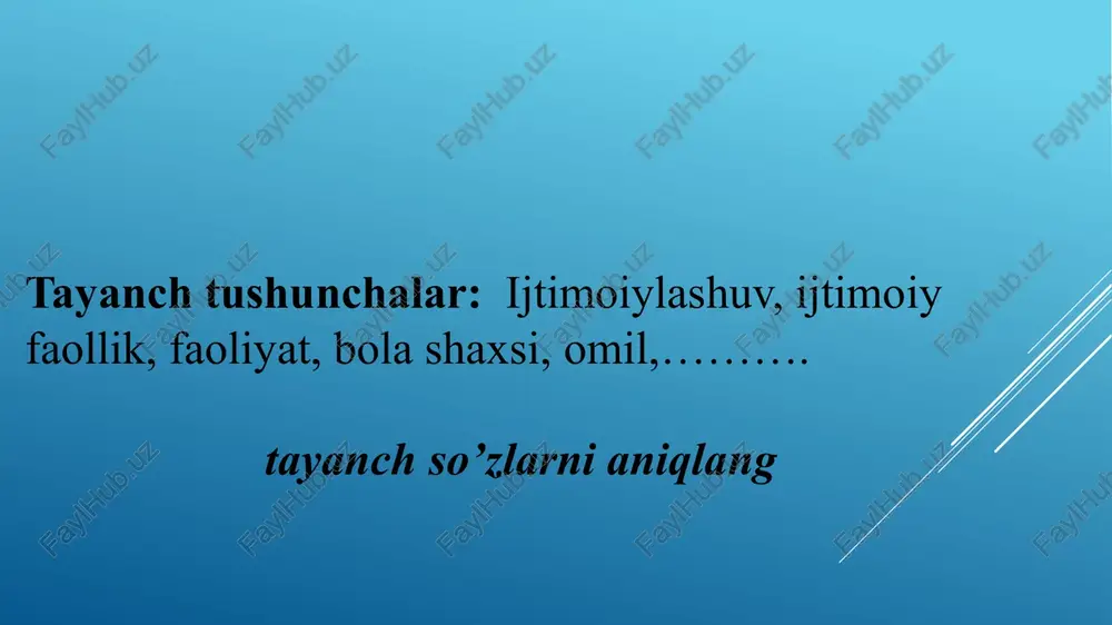 rlariga nisbatan quyidagi yosh davrlari qo‘llaniladi: go‘daklik davri — bevosita hissiy-ruhiy faoliyat; 2) go‘daklikdan keyingi davr — predmetli faoliyat; 3) maktabgacha davr — rolli o‘yinlar; 4) ilk maktab davri — o‘quv faoliyati; 5) o‘smirlik davri — kasb ta'limi faoliyati; 6) o‘spirinlik davri — shaxsiy muloqot faoliyati. ijtimoiylashuvdagi tutgan o‘rniga, inson uchun ahamiyatiga qarab agentlar faol ta'sir etuvchi va faol ta'sir ko‘rsatmaydigan agentlarga farqlanadi. ijtimoiylashuv agentlari. insonning voyaga yetishida va shakllanishi jarayonida u bilan bevosita munosabatda bo‘lgan kishilar muhim o‘rin tutadilar. ularni ijtimoiy pedagogikaga oid adabiyotlarda “ijtimoiylashuv agentlari’ deb nomlanadi. turli yosh davrlarida agentlarning tarkibi turlicha buladi. bolalarning ijtimoiy moslashuvi fanining nazariy va amaliy faoliyati sohasiga maktabgacha ta’lim tashkiloti, maktab, maktabdan tashqari myassasalarda tarbiya va qayta tarbiya, bolalar uylari tarbiyalanuvchilariga gamho‘rlik qilish va huquqbuzar bolalar bilan ishlash kabilar kiradi. fanning kompleks harakterga ega ekanligi uning boshqa fanlar bilan munosabatida namoyon bo‘ladi. yosh psixologiyasi bolalarning ijtimoiy moslashuvi etnografiya sosiologiya pedagogika falsafa etika …