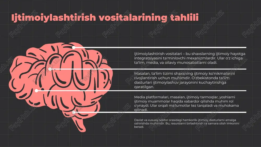 qali jamiyatda qanday o'zgarishlar yuz berishini belgilaydi. ular ijtimoiy muammolarni hal qilishda va ijtimoiy barqarorlikni ta'minlashda muhim ahamiyatga ega. ijtimoiy mexanizmlarning ahamiyati o'zgaruvchan jamiyatlarda ko'rinadi, chunki ular yangi ijtimoiy normalar va qoidalarni o'rnatishda yordam beradi. ular ijtimoiy tenglik va adolatni ta'minlashda ham muhim rol o'ynaydi. ijtimoiy mexanizmlar kelajakda jamiyatda o'zgarishlarni boshqarishda davom etadi. ularning samaradorligi yangi ijtimoiy talablar va global muammolarni hal qilishda muhim ahamiyatga ega bo'ladi. ijtimoiylashtirish jarayonining zamonaviy tendensiyalari ijtimoiylashtirish jarayoni - bu shaxsning ijtimoiy muhitga integratsiyalashuvi va ijtimoiy normalar, qadriyatlar hamda hayot tarzini o'rganish jarayonidir. bu jarayon bolalikdan boshlanadi va umr davomida davom etadi. 1. ijtimoiy media: ijtimoiy tarmoqlar orqali odamlar o'z fikrlarini va tajribalarini o'rtoqlashishadi, bu esa yangi ijtimoiy aloqalarni shakllantiradi. 2. virtual reallik: virtual muhitda o'zaro ta'sirlar odamlarning o'zligini anglashlariga yordam beradi va yangi ijtimoiy tajribalar yaratadi. 3. masofaviy o'qitish: o'qitish jarayonining onlayn shakllari, ijtimoiy o'zaro ta'sirga yangi imkoniyatlar yaratadi, bu esa shaxslarning ijtimoiylashuviga ta'sir …