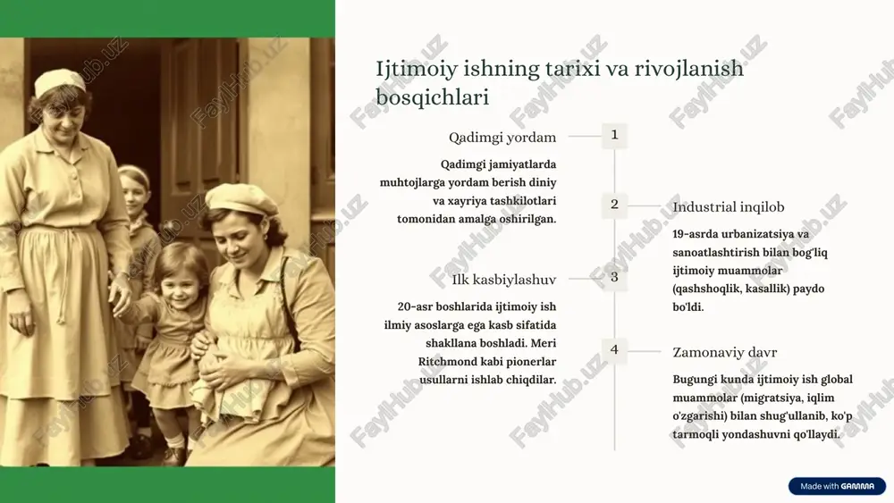 iy etika maxfiylik, hurmat, halollik, shaxsiy va professional chegaralarga rioya qilish. muloqot ko'nikmalari faol tinglash, empatiya, aniq va tushunarli muloqot qilish qobiliyati. muammo yechish analitik fikrlash, muammolarni baholash va samarali yechimlar topish. madaniy sezgirlik turli madaniyat va qadriyatlarni tushunish va hurmat qilish. 9 xulosa: ijtimoiy ishning jamiyatdagi o'rni va kelajagi ijtimoiy ish jamiyatning eng zaif qatlamlarini qo'llab-quvvatlash, ijtimoiy adolatni ta'minlash va barqaror rivojlanishga erishishda muhim rol o'ynaydi. uning kelajagi doimiy innovatsiyalar, kadrlar malakasini oshirish va global muammolarga yechim topish bilan bog'liq. jamiyatning farovonligini oshirish. ijtimoiy adolatga erishish. barqaror rivojlanishga hissa qo'shish. 10 image-1002-1.png image-1-1.png image-1003-1.png image-1004-1.png image-3-1.png image-1005-1.png image-4-1.png image-1006-1.png image-5-1.png image-5-2.png image-5-3.png image-5-4.png image-1007-1.png image-6-1.png image-6-2.png image-6-3.png image-1008-1.png image-7-1.png image-7-2.png image-7-3.png image-7-4.png image-7-5.png image-1009-1.png image-8-1.png image-1010-1.png image-9-1.png image-9-2.png image-9-3.png image-1011-1.png image-10-1.png