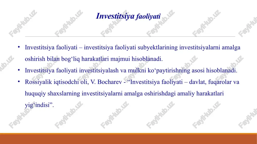 ik faoliyati va boshqa turdagi faoliyat obyektlari bo‘lib, barpo etilishi va foydalanilishi qonun hujjatlarida belgilangan sanitariya-gigiyena, radiatsiya, ekologiya, arxitektura-shaharsozlik talablariga va boshqa talablarga javob bermaydigan, yuridik va jismoniy shaxslarning huquqlarini hamda qonun bilan qo‘riqlanadigan manfaatlarini buzadigan obyektlarga investitsiya kiritish taqiqlanadi. investitsiya bozorida davlat qonun chiqaruvchi tartibga soluvchi koordinator investor inestitsiya obyekti investitsiya faoliyatiga ta’sir etish omillari va usullari: 2 katta guruhga ajratiladi: makrodarajada ta’sir etuvchi omillar mikrodarajada ta’sir etuvchi omillar makrodarajada ta’sir etuvchi omillar: soliq tizimini takomillashganlik darajasi; investitsiya faoliyatining me’yoriy – huquqiy ta’minoti; davlat ishtirokining darajasi; inflyatsiya darajasi; budjet defitsiti; mamlakat iqtisodiyotining rivojlanish holati va dinamikasi; moliya-kredit siyosatining takomillashuvi; jamiyatdagi ijtimoiy va siyosiy holatlar; bozor munosabatlarining takomillashuvi muayyan soha va tarmoqlarda davlat mulkining ustuvorligi; erkin iqtisodiy hududlarning mavjudligi; xorijiy kapitalni jalb qilish uchun yaratilgan shart-sharoitlar; yerga egalik qilish huquqining davlat qo‘lida saqlanishi; mamlakatning xom-ashyo va resurslarga boyligi; davlatning iqtisodiy, jumladan investitsiya siyosati; narx-navo va unga davlat tomonidan ta’sir ko‘rsatish; …