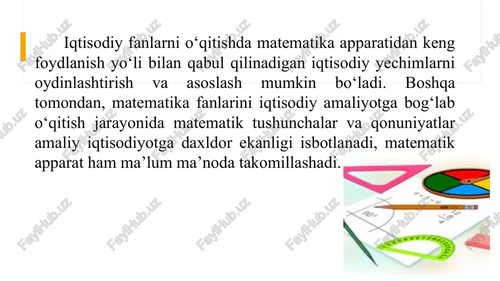 li kasrlarni oddiy kasrlar ko‘rinishida yozish uchun suratga o‘nli kasrdagi vergul va undan keyingi nollarni tashlab, qolgan raqamlarni butun son ko‘rinishida yozish, mahrajga esa, bir va undan keyin nollar yoziladi. nollarning soni o‘nli kasrdagi verguldan keyingi raqamlar soniga teng bo‘ladi. oddiy kasrni o‘nli kasrga aylantirish uchun suratni mahrajga butun sonlarni bo‘lish qoidasiga asosan bo‘lib yozish kerak. masalan, ma’lum xonasidan boshlab, raqamlari davriy takrorlanadigan cheksiz o‘nli kasrlar davriy o‘nli kasrlar deyiladi. masalan, 0,777...= 0,(7) ; 6,24343...= 6,2(43); 4,071151515...= 4,071(15) ixtiyoriy oddiy kasrni chekli yoki cheksiz davriy o‘nli kasr ko‘rinishida yozish mumkin. foizlar har qanday sonning 100 dan bir bo‘lagiga shu sonning bir foizi (protsenti) deyiladi va % belgi bilan belgilanadi. foizlarga doir asosiy masalalar qo‘yidagilardan iborat. berilgan sonning berilgan foizini topish. a sonning r foizi formula orqali topiladi. masalan, 70 sonning 20 foizi =14 ga teng bo‘ladi. 1-misol. 5000 so‘mni kreditga berish oqibatida 20 % daromad olgan firmaning daromadi qancha so‘mni …