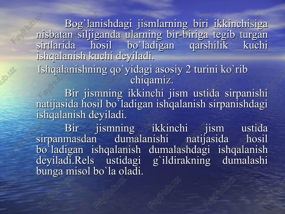 i kerak. a nuqtada ishqalanish konusini yasaymiz. jism muvozanatda bo`lganda ra kuchning ta'sir chizig`i ishqalanish konusi ichida yotadi, muvozanat chegarasida esa konus sirtida yotishi mumkin. shu sababli ra kuch r kuchni ishqalanish konusi ichidagina muvozanatlay oladi. teng ta'sir etuvchi kuchning normal reaktsiya kuchi n bilan tashkil qilgan burchagini α=bilan belgilasak, α=φmax bo`lganda jism muvozanat chegarasida bo`ladi: α > φmax bo`lsa, jism sirpana boshlaydi. shunday qilib, bir nuqtasi bilan qo`zg`almas sirtga tayangan jism muvozanatda bo`lishi uchun bu jismga ta'sir etayotgan kuchlarning teng ta'sir etuvchisi ishqalanish konusidan tashqarida bo`lmasligi kerak. dumalashdagi ishqalanish. og`irligi r va radiusi r ga teng silindr gorizontal tekislikda turgan bo`lsin, u holda silindrning og`irlik kuchi r tekislikning a nuqtadagi normal reaktsiya kuchi n bilan muvozanatlashadi (72-rasm,a) n + r = 0 tsilindrning markaziga uncha katta bo`lmagan gorizontal q kuch ta'sir etsa, silindr muvozanat holatida qolaveradi. bunday holda silindr bilan tekislikning deforma-tsiyalanishi natijasida ishqalanish a nuqtada hosil bo`lmay, ikki …