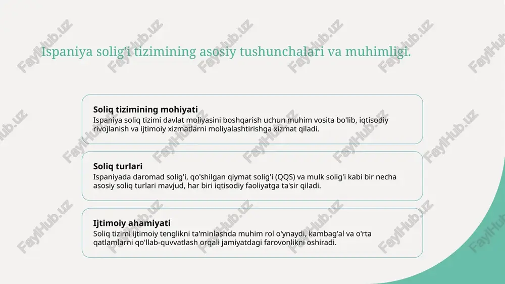 i muvozanatni ta'minlaydi. 4 ijtimoiy adolat - iqtisodiy boshqaruvda ijtimoiy adolatning ta'minlanishi, soliqlar va xarajatlar orqali jamiyatning ijtimoiy qatlamlari o'rtasida tenglikni oshirishga qaratilgan. moliyaviy siyosat va davlat xarajatlari: ispaniya misoli. ispaniya moliyaviy siyosati davlat xarajatlarini boshqarishda muhim rol o'ynaydi. iqtisodiy o'sishni rag'batlantirish va ijtimoiy xizmatlarni ta'minlash uchun soliq daromadlari foydalaniladi. davlat xarajatlari ta'lim, sog'liqni saqlash va infratuzilma sohalariga yo'naltiriladi. photo by piggybank on unsplash ispaniya soliq tizimining iqtisodiy ta'siri va natijalari. iqtisodiy o'sish ispaniya soliq tizimi iqtisodiy o'sishni rag'batlantiradi, soliq daromadlari davlat investitsiyalariga xizmat qiladi, xususan infratuzilma va ta'limga. jamiyatga ta'siri soliq to'lovlari ijtimoiy xizmatlarni moliyalashtiradi, shuningdek, uyushmalar va muhtojlarga yordam berish orqali ijtimoiy tenglikni ta'minlaydi. moliya barqarorligi ispaniya soliq tizimi davlat moliya barqarorligini ta'minlaydi, budjet defitsitini kamaytirish va iqtisodiy barqarorlikni qo'llab-quvvatlashga yordam beradi. iqtisodiy boshqaruvda soliq siyosatining roli va ahamiyati. 1 soliq siyosatining ahamiyati - soliq siyosati iqtisodiy boshqaruvda muhim rol o'ynaydi, chunki u davlatning moliyaviy manbalarini ta'minlaydi va …