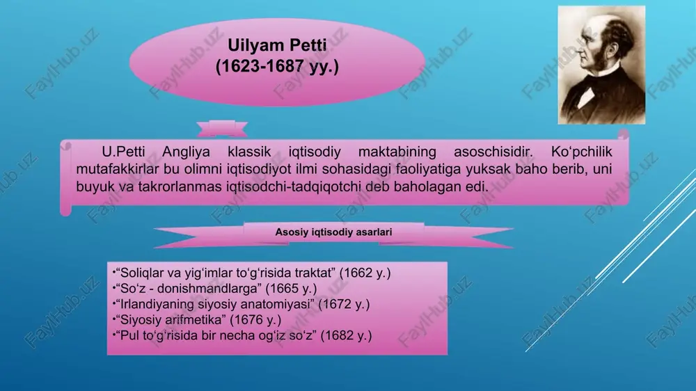 ber fransiyani og‘ir iqtisodiy ahvoldan chiqarish tizimini taklif etdi. dastlabki fikrlari bo‘yicha turli islohotlar o‘tkazilib, 1707 yilda esa uning g‘oyalari uch qismdan iborat bo‘lgan. asosiy iqtisodiy g‘oyalari soliq tizimini o‘tkazish ichki savdoni har xil cheklashlardan ozod qilish donning erkin so-tilishiga yo‘l berish, donga tabiiy baho ta’sirini cheklamaslik soliq tizimining dehqonlar mehnatidan manfaatdorlik tamoyiliga asoslanishi, undan tashqari soliq barchaga tegishli bo‘lish ichki bozorni kengaytirish, mehnat taqsimotining o‘sishini ta’minlash, tovar-pul muomalasini kuchaytirish. iqtisodiyot erkin bozor iqtisodiyoti sharoitida rivojlanishi va “haqiqiy qiymat”ga ega bo‘lishi kerak. p.buagilberning iqtisodiy qarashlari fransiya xalq xo‘jaligining tushkunlikka tushishining asosiy sababi merkantnlizm iqtisodiy siyosati deb ko‘rsatib beradi; iqtisodiy o‘sish va davlat boyligining asosiy-qishloq xo‘jaligi ishlab chiqarishining rivojlanishi, deb hisobladi; dehqonlar manfaatlaridan kelib chiqqan holda, soliq tizimida islohotlar o‘tkazish zarur, deb qaradi; davlatning iqtisodiy hayotga bema’ni aralashuvini inkor etadi va erkin don savdosini joriy etishni talab qilib chiqadi; tarmoqlar o‘rtasidagi mehnat taqsimoti erkin raqobat natijasida bo‘lishi kerak, deb hisobladi; pulning …