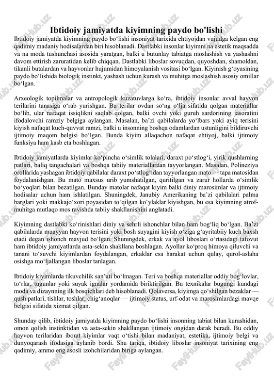 uyg‘onish davri yevropa va osiyo mamlakatlarining kiyim tarixi to‘g‘risida arxiv hujjatlari, san’at asarlari va me’morchilik ob’ektlari orqali izlanadi. tarixshunoslik jihatdan bu fan liboslar orqali o‘sha davr jamiyatining ijtimoiy tabaqalanishi, jinsiy rollar, siyosiy hokimiyat belgilarini, shuningdek, din va urf-odatlarning kiyimga ta’sirini tahlil qiladi. jahon liboslari tarixi etnografik manbalar orqali xalq liboslari va ularning vaqt o‘tishi bilan qanday o‘zgarib borganini ham o‘rganadi, bu orqali milliy madaniyatning nodir namunalarini saqlab qolishga hissa qo‘shadi. zamonaviy tarixshunoslik yondashuvlari esa liboslarni faqat estetik buyum sifatida emas, balki tarixiy voqelikni ifodalovchi madaniy belgilar sifatida qaraydi. bu fan tarixiy materiallarni interdisiplinar yondashuvda tahlil qiladi, ya’ni arxeologiya, etnografiya, antropologiya, san’atshunoslik va moda tadqiqotlarini o‘zaro bog‘lab, keng qamrovli tarixiy tasvir yaratadi. shu tariqa, jahon liboslari tarixi tarixshunosligi faqat qadimiy va yozma manbalarga emas, balki liboslarning modifikatsiya jarayonlari, madaniyatlararo almashinuv va globalizatsiya ta’siriga ham diqqat qaratadi. bu fan libos orqali o‘tgan davrlarning siyosiy va ijtimoiy voqealarini anglashda muhim vositadir, chunki kiyim-kechak …