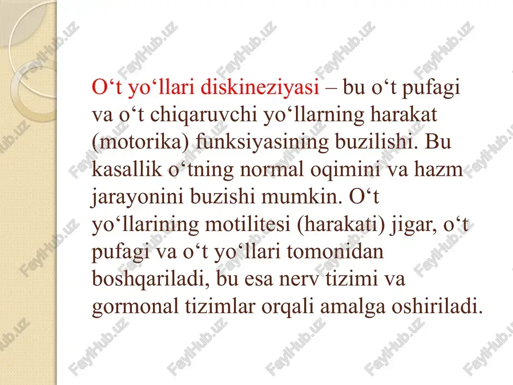 lom turmush tarzini qo‘llab-quvvatlash. xulosa o‘t yo‘llari diskineziyasi murakkab bo‘lmagan, lekin hayot sifatini pasaytiruvchi kasallikdir. biroq, to‘g‘ri tashxis qo‘yish va davolash orqali kasallikning salbiy ta’sirini kamaytirish mumkin. etiboringiz uchun raxmat! image2.jpeg image3.jpeg image4.jpeg image5.jpeg /docprops/thumbnail.jpeg