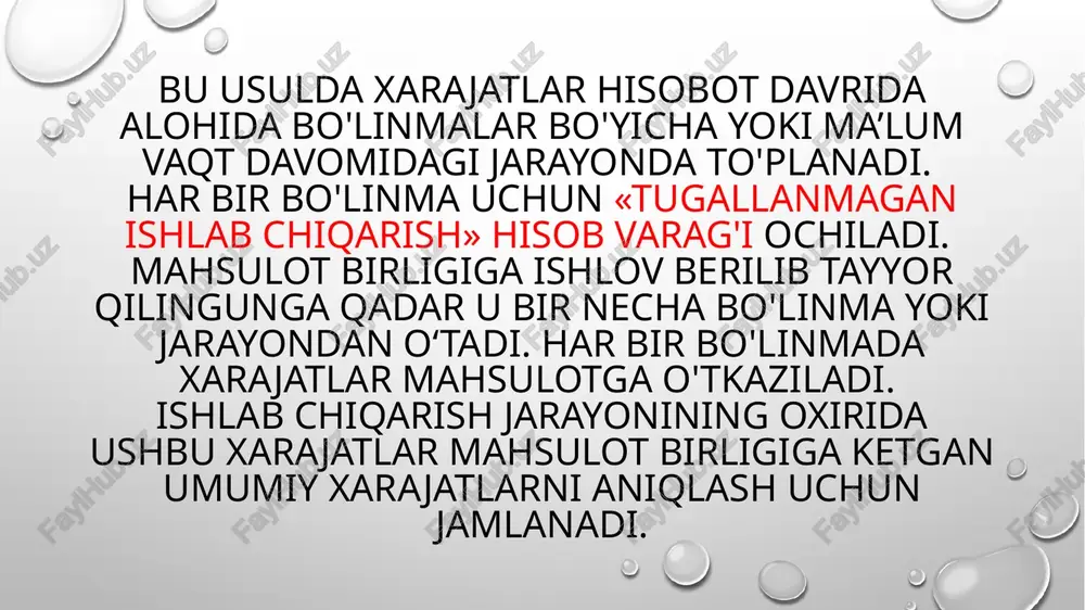 rim tayyor mahsulot hisoblanadi va u tashqariga sotilishi mumkin. yarim tayyor mahsulotsiz usulda har bir qayta ishlov bo'yicha, asosan, faqat ishlov berishga ketgan xarajatlari olinadi. tayyor mahsulot tannarxi xomashyo dastlabki materiallar xarajatlari, barcha qayta ishlash xarajatlari va boshqa ishlab chiqarish xarajatlarini umumlashtirish bilan aniqlanadi. bunda faqat tayyor mahsulot tannarxi kalkulyatsiya qilinadi ekvivalent birliklarni hisoblash seriyali ishlab chiqarish korxonalarida hisobot davri boshlanishida va oxirida hamisha mavjud bo'ladigan tugallanmagan ishlab chiqarish shartli tugallangan mahsulotga aylantirib hisoblanadi. bu miqdor: 1. shu hisobot davrida boshlangan va tugallangan mahsulotlarning umumiy miqdori. 2. hisobot davri boshi va oxirida tugallanmagan ishlab chiqarish ustida bajarilgan jami xarajatlar yig'indisiga teng bo'ladi shartli (ekvivalent) birliklarni aniqlash: barcha ishlab chiqarish faqat tugallangan birlikka olib borganda, ishlab chiqarilishi mumkin bo'lgan birliklar miqdori hisoblab chiqiladi. masalan, davr oxirida tugallanmagan ishlab chiqarishda 1000 ta mahsulot birligi bo'lsa va ishlov berish 80 foizga tugallangan bo'lsa, ekvivalent ishlab chiqarish 800 birlikni tashkil qiladi (1 000 x …