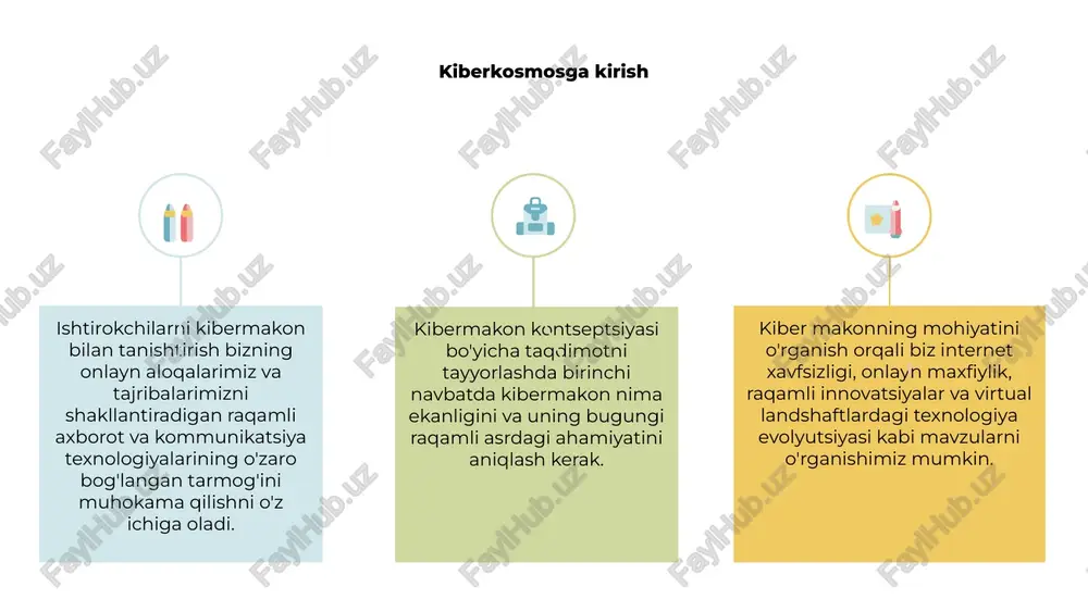 oralarini muhokama qilish taqdimotning muhim jihati hisoblanadi. maxfiy ma'lumotlarni himoya qilish muhimligini, shifrlash va xavfsizlik devorlarining rolini ta'kidlash qimmatli tushunchalarni berishi mumkin. taqdimotda doimo hushyor bo'lish va xavfsizlik protokollarini yangilash zarurligini ta'kidlash muhim ahamiyatga ega. kibertahdidlarning rivojlanib borayotgan tabiati va proaktiv choralarning ahamiyatini bartaraf etish muhim ahamiyatga ega. kibermakondagi kelajak tendentsiyalari 1 2 3 2 kibermakon kontseptsiyasi bo'yicha taqdimotni tayyorlashda uning texnologiya va aloqa kelajagini shakllantirishdagi ahamiyatini ta'kidlash zarur. 1 kiber makonning mohiyati uning dunyoning barcha burchaklaridagi odamlarni bir-biriga bog'lash, uzluksiz ma'lumot almashish va hamkorlikni osonlashtirish qobiliyatidadir. 3 kiberkosmosdagi kelajakdagi tendentsiyalar bizning onlayn o'zaro munosabatlarimizni, sun'iy intellekt, kiberxavfsizlik va virtual haqiqat sohasidagi yutuqlar bilan inqilob qilishi kutilmoqda. e'tiboringiz uchun rahmat