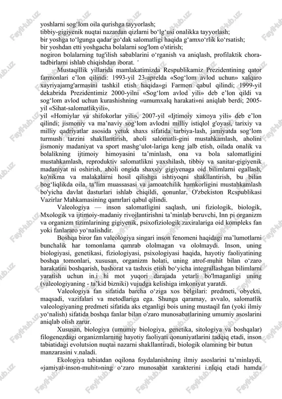 ini amalga oshirish uchun: milliy genofondni saqlash, milliy mentalitetni kuchaytirish; jismoniy va ma’naviy jihatdan sog‘lom avlodni tarbiyalash; erkin va mustaqil, kuchli va sofdil avlodnr o'stirish; iqtidorli va sog‘lom fikrli, to‘g‘ri mulohaza yurituvchi erkin yoshlarni tarbiyalash lozim. yuqorida qayd etilgan vazifalarni amalga oshirishning asosiy sharti bn — mamlakatimizda jismoniy va ma’naviy soglom avlodni tarbiyalash konsepsiyasini shakllantirishdir. mazkur konsepsiya rcspublikamiz prezidenti tomonidan ishlab chiqilgan bo‘lib, xalqaro liamjamiyat tomonidan milliy genofondni sog'lomlashtirish bo‘yicha islom karimov ilgari surgan model sifatida baholandi va davlatimiz hayot'ida katta ahamiyatga ega hodisa tarzida namoyon bo‘ldi. konsepsiya o‘zida uch vazifa, ikki shart va olti yo‘nalishni aks cttiradi. konsepsiyada belgilangan vazifalar: asrlar davomida eng muhim va asosiy vazifa bo‘lgan sog‘lom avlodni tarbiyalash; uzoq vaqtni talab etuvchi, keng, ko‘p tomonlama masala — sog'lom avlodni ulg‘aytirish; yosh avlodni tarbiyalash bo‘yicha ko‘proq aniq chora-tadbirlarni belgilash. shunday qilib, asosiy maqsad — belgilangan muddat va qat’iyb faoliyat jarayonida sog‘lom avlodni tarbiyalashdir. konsepsiyada belgilangan ikki muhim …