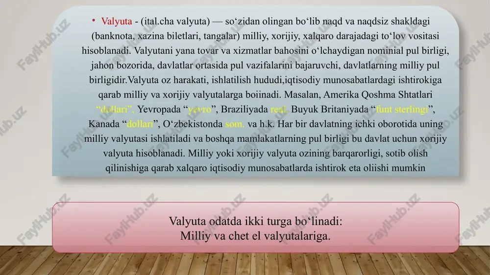 o`z ichiga oladi. valyuta tizimining quyidagi turlari mavjud. bular – milliy, jahon va xalqaro (mintaqaviy) valyuta tizimlaridir. jaxonda o`z faoliyatini olib borishda eng mustakil bo`lgan banklardan biri bu nemis federal banki - bundes bank xisoblanadi. ba`zi bir davlatlarda markaziy bank parlamentga xisobot beradiko`pgina hollarda markaziy banklar o`z faoliyatida mustakil bo`lsada, shu bilan birga davlat banki xisoblanadi: xalqaro valyuta munosabatlari-bu valyutalarning davlatlararo harakatlanishi natijasida yuzaga keladigan moliyaviy munosabatlardir. 328 valyuta davlatlararo harakatlanishi uchun u xalqaro to`lov vositasi vazifasini bajara olishi va xalqaro valyuta bozorlarida oldi-sotdi qilinishi kerak. xalqaro valyuta operatsiyalarining asosiy qismi (80 % dan ortiq) xalqaro rezerv valyuta maqomiga ega bo`lgan etakchi valyutalar orqali amalga oshiriladi. jahon valyuta tizimi (jvt) va uning evolyutsiyasi rivojlangan davlatlarning valyuta tizimi nafaqat ular o`rtasidagi pul hisob kitob munosabatlarini, balki ichki pul muomalasining katta qismini ham o`z ichiga oladi. jvt oltin standartga asoslangan tizimdan asta sekin maqsadli boshqariladigan, qog’oz kredit pullariga asoslanadigan tizimga aylandi. shu …
