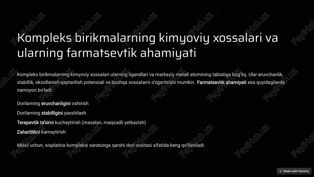 biatiga qarab, biokiraolishlikni oshirish yoki kamaytirish mumkin. masalan, xelat komplekslar dorilarning hujayra ichiga kirishini osonlashtiradi. farmakokinetik tadqiqotlar dorilarning optimal dozalari va qo‘llanilish rejimini aniqlashga yordam beradi. 7 kompleks birikmalarni qo‘llashda ehtiyotkorlik choralari va yon ta’siri kompleks birikmalar asosidagi dorilar bilan davolashda ehtiyotkorlik choralari va yon ta’sirlarni hisobga olish muhimdir. allergik reaksiyalar mumkin. ba’zi metall ionlarining zaharlilik xususiyatlari mavjud. dorilarning o‘zaro ta’siri (dori interaksiyasi) kuzatilishi mumkin. dozani oshirib yuborish xavfi mavjud. shuning uchun, davolashni boshlashdan oldin, bemorning anamnezini (kasallik tarixini) o‘rganish va zarur tahlillarni o‘tkazish tavsiya etiladi. dorilar shifokor nazorati ostida qo‘llanilishi kerak. 8 kompleks birikmalarni tadqiq qilishning zamonaviy usullari kompleks birikmalarni tadqiq qilish uchun turli xil zamonaviy usullar qo‘llaniladi. bularga quyidagilar kiradi: rentgen strukturaviy tahlil (kristall tuzilishini aniqlash) yadro magnit rezonansi (ymr) spektroskopiyasi (molekulyar tuzilishni aniqlash) mass-spektrometriya (molekulyar massani aniqlash) elektrokimyoviy usullar (redoks xossalarini o‘rganish) kompyuter modellashtirish (molekulyar dinamikani o‘rganish) ushbu usullar kompleks birikmalarning tuzilishi, xossalari va ta’sir mexanizmlarini chuqur …