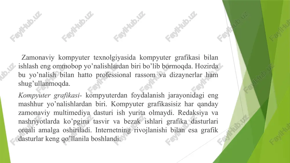 arrirlar asosan tasvirlarga ishlov berishga foydalaniladi. rastrli grafika muxarrirlariga misol qilib adobe photoshop va paint dasturlarni keltirish mumkin. ushbu dastrularda rasmlar mayda kvadrat - piksellardan iborat bo’lib mozaika holatida rasmni xosil qiladi. rastrli grafikadan raqamli fotosuratlar va skanerdan olingan rasmlar bilan ishlashda foydalaniladi. rastrli (nuqtali) grafika fraktal grafika – bu hisoblash grafikasidir. tasvir formula asosida quriladi. kompyuter xotirasida tasvir emas formula saqlanadi. uning yordamida cheksiz xar-xil tasvirlarni olish mumkin. fraktal grafika bilan ishlovchi dasturiy vositalarga misol qilib mathcad, mathlab, maplelarni keltirish mumkin. fraktal grafika - bu tasvirni chizish yoki jihozlash emas, balki uni matematik hisoblashlarga asoslangan dasturlar asosida qurishdir. fraktal grafika odatda o’yin dasturlarini yaratishda ko’proq qo’llaniladi. fraktal grafikada tasvirlar tenglamalar yordamida quriladi. bunda tenglama koeffitsientlarini o’zgartirish yordamida har xil rasmlarni olish mumkin. fraktal grafika rang haqida umumiy tushuncha ranglar tadqiqotini keyinchalik tomas yung, djems maksvell va boshqa olimlar davom etkazdilar. nur yoki rang bilan tadqiqodchilar azaldan qiziqib kelganlar. bu …