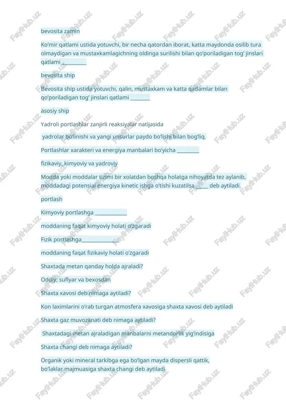 iziqlar qaysi turga tegishli? qiyaroq ruda deb nimaga aytiladi? foydali metall komponentining miqdori sanoat minimumiga teng yoki ortiqroq bo’lgan massivdagi tog’ jinsiga konlarni asosiy ochish laximlariga qaysilari kiradi? stvollar, shtolnyalar, kvershlaglar kon ishlari deb nimaga aytiladi? konni ochish, qazishga tayyorlash, qazib olish ishlari bilan bir qatorda, laximlarni o’tqazish, mustaxkamlash va saqlash ishlariga chaplama betonning qalinligi qancha 5-15sm yog’ochli mustahkamlagich qancha muddatga o’rnatiladi. 3-5 yil kon bosimini boshqarish deb nimaga aytiladi? kon ishlarini olib borishni xavfsizligini ta’minlash uchun kon bosimini boshqaradigan tadbirlar majmuasiga kon bosimi ta’rifini ko’rsating. . lahimlarni o’rab turgan kon jinslaridagi mustaxkamlagichlar, massiv va jins qoldiqlariga ta’sir ko’rsatuvchi kuchlanish foydali qazilma yotqizig’ining gorizontal yo’nalishdagi eng katta o’lchami qanday nomlanadi? cho’ziqlik stvol oldi inshoati deb nimaga aytiladi? . shaxta yer osti xo’jaligiga xizmat qilish uchun, stvol atrofida joylashtirilgan laximlarga shaxta maydonini tayyorlash deb nimaga aytiladi? tayyorlovchi laximlarni o’tib, shaxta maydonini qismlarga va bo’laklarga bo’lishga ort deb nimaga aytiladi? ruda tanasini …