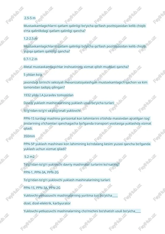 cho’michini bo’shatish usuli bo’yicha____ oldinga, yonga va orqaga to’kuvchi yer osti buldozerlari yuruvchi uskunalariga qarab_____ gusenitsali va g’ildirakli yer osti buldozerlari olayotgan energiyasiga qarab_____ ichki yonuv dvigatili, elektr va pnevmoyuritmali yer osti buldozerlari ag’dargichini boshqarishiga qarab ____ sim arqon yordamida va gidravlik usul bilan burg’ulash stanoklarining massasi ______ gacha tashkil etadi. . 50 t dan 110 t diametri 320 mm va chuqurligi 36m gacha bo’lgan vertical skvajinalarni burg’ulash uchun _______ stanoklari qo’llaniladi. sbsh-320 shpur deb___ diametri 75 mm gacha chuqurligi 5 m gacha bo’lgan suniy silindrik bo’shliq skvajina deb ___ diametri 75 mm dan yuqori chuqurligi 5 m dan yuqori bo’lgan suniy silindrik bo’shliq standart diemetrli skvajinalar turlari qaysilar? 100, 125, 160, 200, 250, 320 va 400 mm uzluksiz ishlovchi mashinalar ko’rsatilgan qatorni toping. ko’p cho’michli rotorli va zanjirli ekskavatorlar, uzluksiz yuklovchi mashinalar, kombaynlar qazib-yuklovchi mashinalarga qaysilar kiradi? rotorli va ko’p cho’michli ekskavatorlar, mexanik kurak va minorali ekskavatorlar. kon jinslarini …