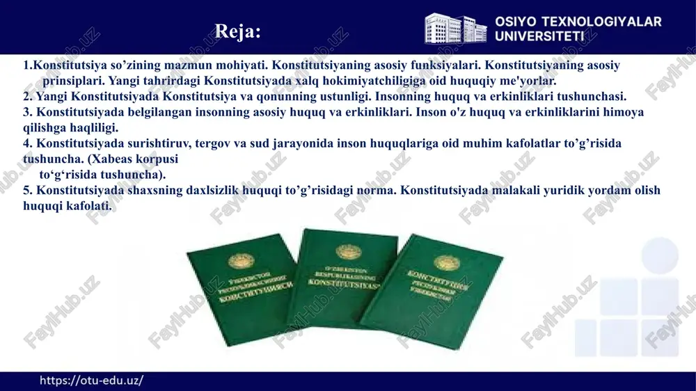 yorlar. davlat suvereniteti. «suverenitet» atamasi ilk bor fransiyada (xvi asr) vujudga kelgan. bu atama lotincha superareitas (cupra, superios) so'zidan kelib chiqqan bo’lib, aslida «eng oliy», «oliy hokimiyat» degan ma'noni anglatadi. o‘zbekiston — suveren demokratik respublika. o'zbekiston respublikasi o'zining milliy davlat va ma'muriy-hududiy tuzilishini, davlat hokimiyati va boshqaruv organlarining tizimini belgilaydi, ichki va tashqi siyosatini amalga oshiradi. boshqaruv shakli - bu davlat mazmunining tashqi ko'rinishi, davlat hokimiyati yuqori organlarining huquqiy holati bilan belgilanadi. boshqaruv shakli xarakteri davlat boshlig'ining huquqiy holati va vaziyatidan kelib chiqadi. respublika (lotincha: respublica, res - ish va publicus - ijtimoiy, umumxalq) - davlatni idora etish shakli, unda barcha davlat hokimiyati organlari saylab qo'yiladi yoki umummilliy vakolatli muassasalar (parlamentlar) tomonidan shakllantiriladi, fuqarolar esa shaxsiy va siyosiy huquqlarga ega bo'ladilar. 1.1. konstitutsiya so’zining mazmun mohiyati. konstitutsiyaning asosiy funksiyalari. konstitutsiyaning asosiy prinsiplari. yangi tahrirdagi konstitutsiyada xalq hokimiyatchiligiga oid huquqiy me'yorlar. respublikalar prezidentlik respublikasi va parlamentar respublika turlariga bo’linadi. prezidentlik respublikasida …