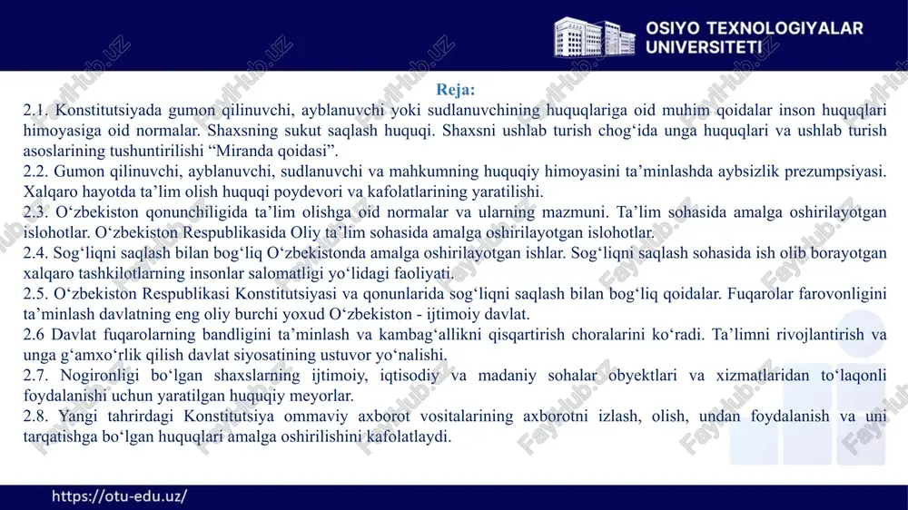 dalanish huquqiga ega. gumon qilinuvchi, ayblanuvchi yoki sudlanuvchi ayblovning mohiyati va asoslari to'g'risida xabardor qilinish huquqiga ega. gumon qilinuvchi, ayblanuvchi yoki sudlanuvchi unga qarshi yoki uning foydasiga guvohlik berayotgan shaxslarning so'roq qilinishini talab etish huquqiga ega. gumon qilinuvchi, ayblanuvchi yoki sudlanuvchi tarjimon yordamidan foydalanish huquqiga ega. qonunni buzgan holda olingan dalillardan odil sudlovni amalga oshirish chog'ida foydalanishga yo‘l qo'yilmaydi. jinoyat uchun hukm qilingan har kim qonunda belgilangan tartibda hukmning yuqori turuvchi sud tomonidan qayta ko'rib chiqilishi huquqiga ega. 2.1. konstitutsiyada gumon qilinuvchi, ayblanuvchi yoki sudlanuvchining huquqlariga oid muhim qoidalar inson huquqlari himoyasiga oid normalar. shaxsning sukut saqlash huquqi. shaxsni ushlab turish chog'ida unga huquqlari va ushlab turish asoslarining tushuntirilishi “miranda qoidasi”. bu qoida aqshda birinchi bor kiritilgan yuridik talab bodib, unga binoan, har qanday politsiya xodimi ushlash vaqtida shaxsga uning protsessual huquqlarini tushuntirishi va albatta, ushlangan shaxsdan mazkur tushuntirishlar mohiyatini anglagani borasida ijobiy javob olishi talab etiladi. aytish kerakki, shaxsni …